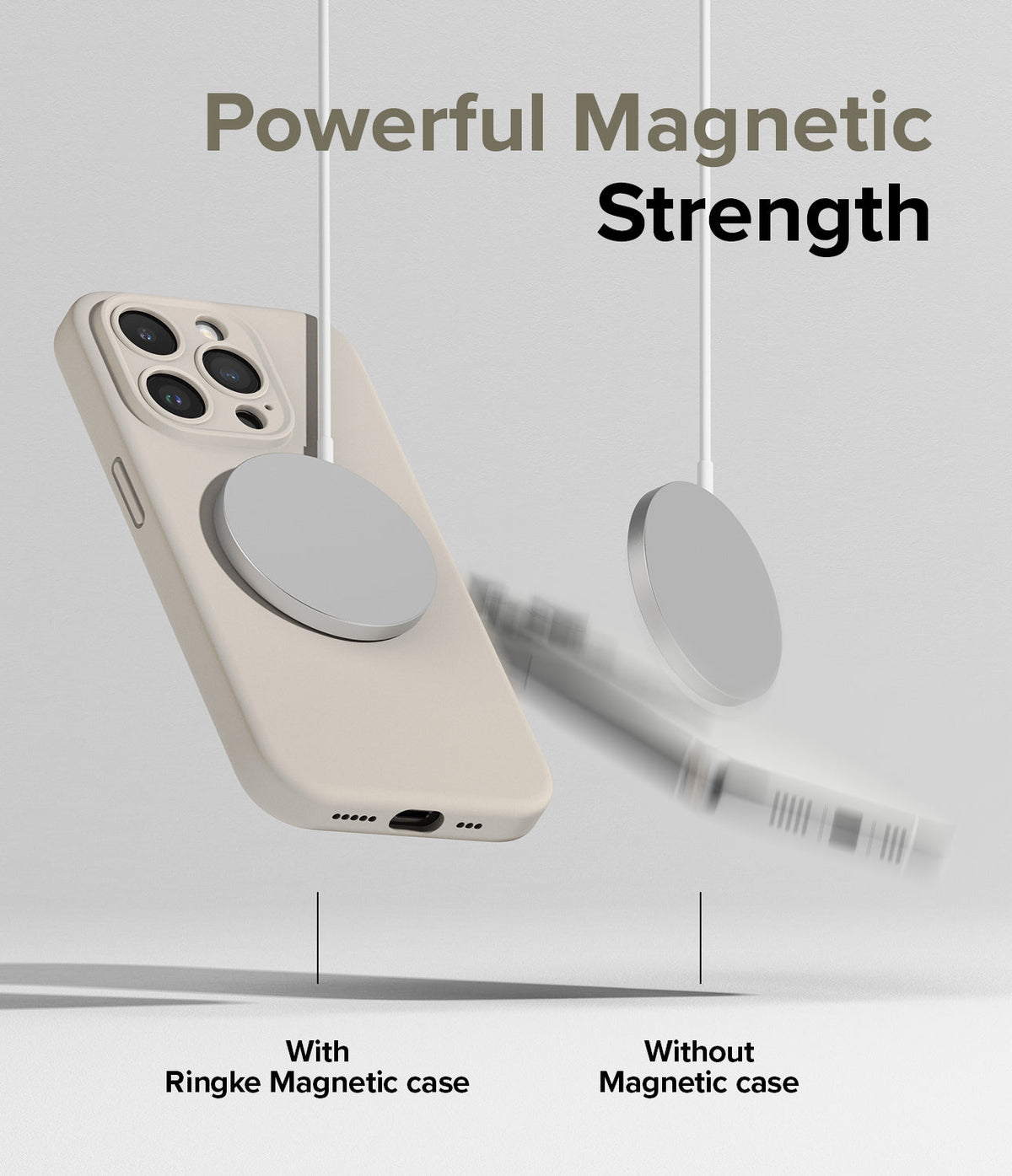 iPhone 15 Pro Max Case | Silicone Magnetic - A beige phone case attached to a magnetic charger while another falls.