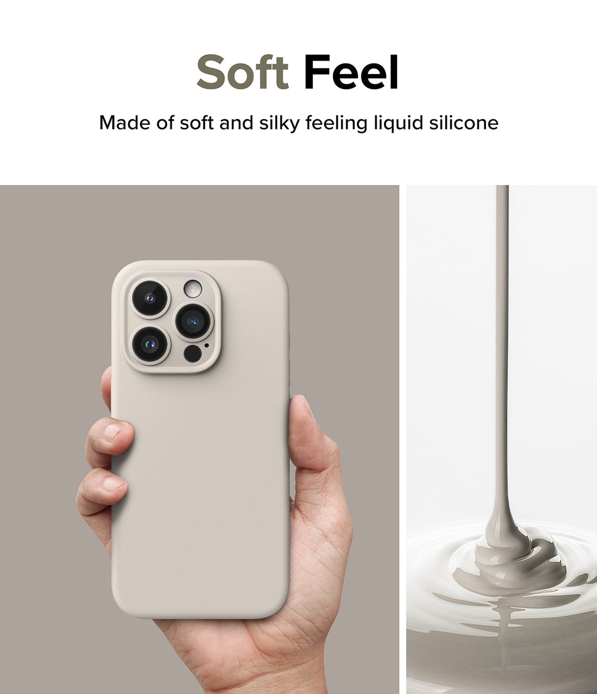 iPhone 15 Pro Max Case | Silicone Magnetic - Hand holding a beige silicone phone case next to pouring liquid silicone.