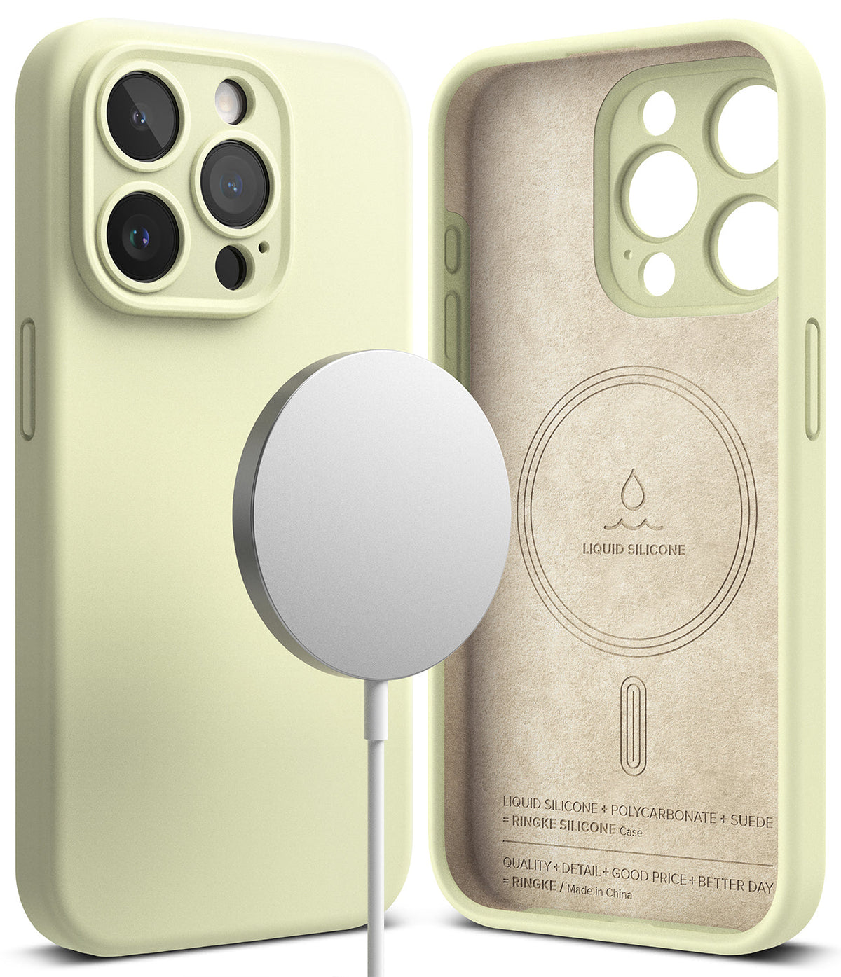 iPhone 15 Pro Max Case | Silicone Magnetic - Sunny lime silicone case with MagSafe charger and suede-lined interior.
