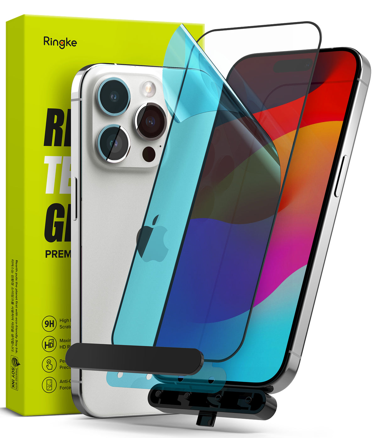 iPhone 15 Pro Max Screen Protector | Full Cover Glass - iPhone 15 Pro Max Screen Protector - Glass screen protector being applied to a silver iPhone with a yellow product box.