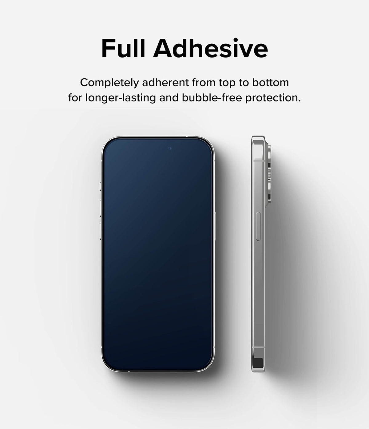 iPhone 15 Pro Max Screen Protector | Full Cover Glass - iPhone 15 Pro Max Screen Protector - Front and side views of a smartphone showcasing full-adhesive screen protection.