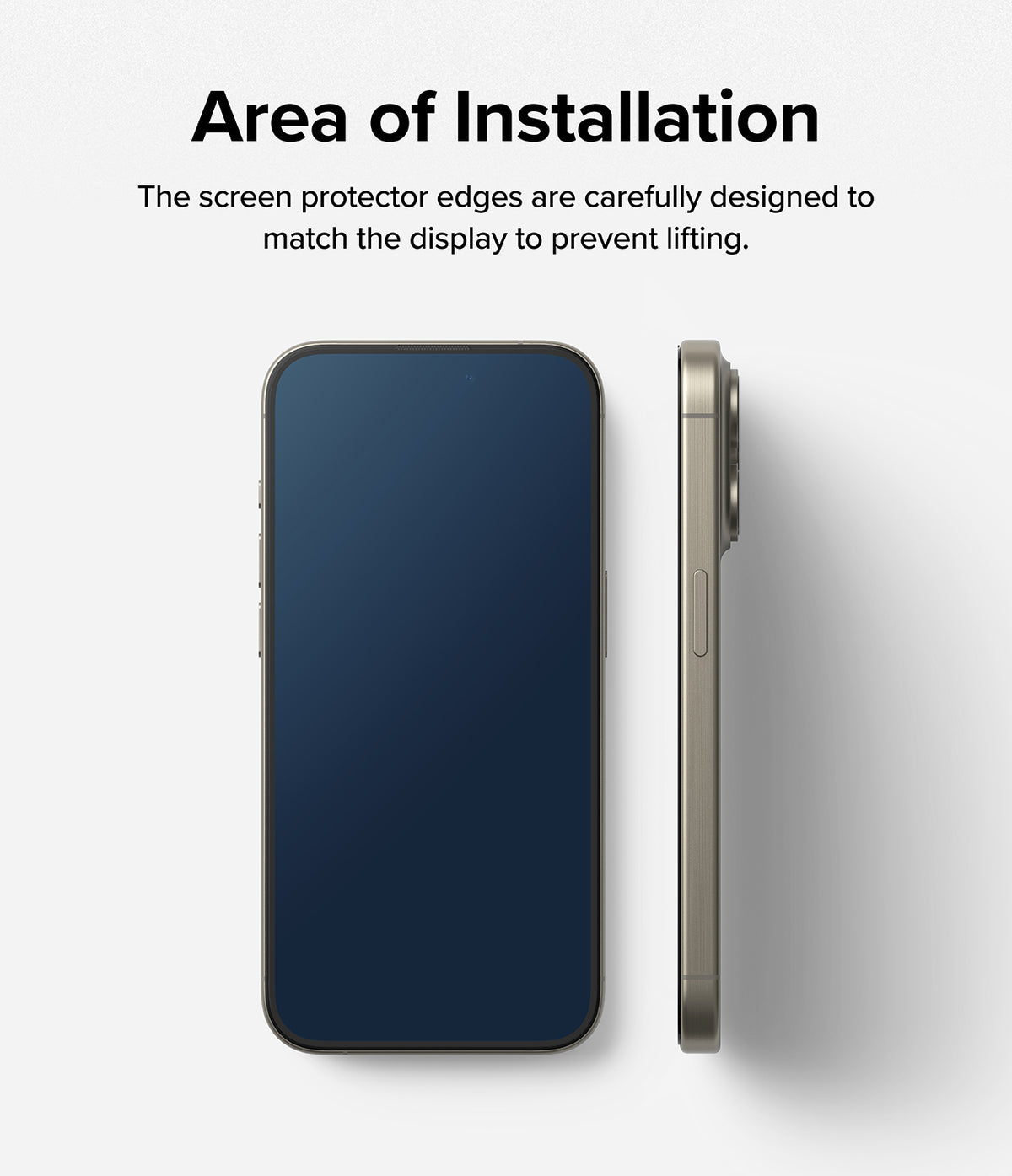 iPhone 15 Pro Max Screen Protector | Easy Slide Tempered Glass - iPhone 15 Pro Max Screen Protector - Front and side views of a smartphone showing the precise fit of the screen protector.
