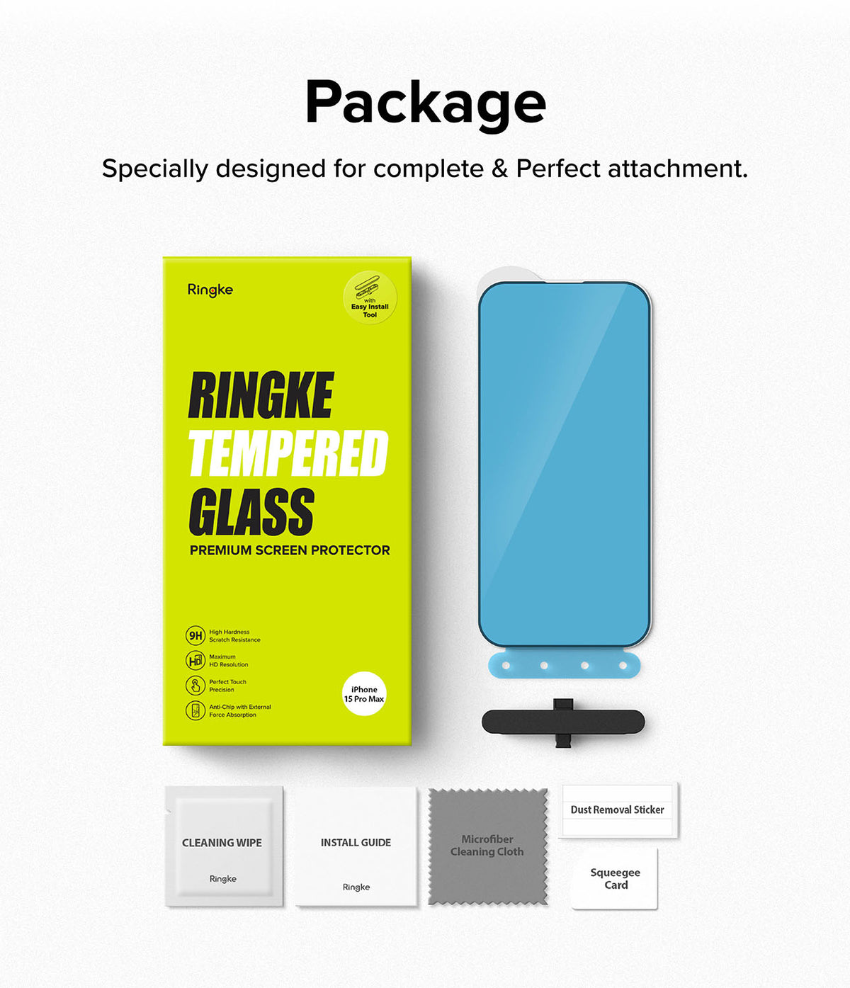 iPhone 15 Pro Max Screen Protector | Full Cover Glass - iPhone 15 Pro Max Screen Protector - Ringke tempered glass packaging, screen protector, and installation kit accessories.