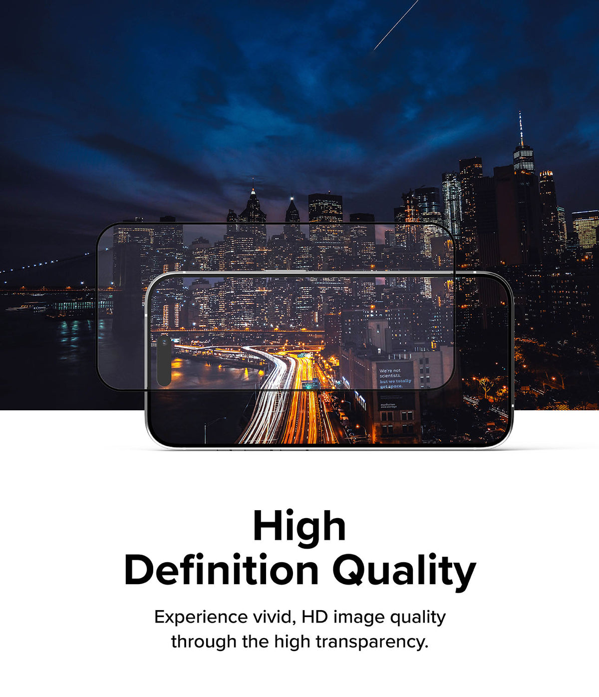 iPhone 15 Pro Max Screen Protector | Full Cover Glass - iPhone 15 Pro Max Screen Protector - Transparent glass overlaying a smartphone displaying a vibrant night city skyline.
