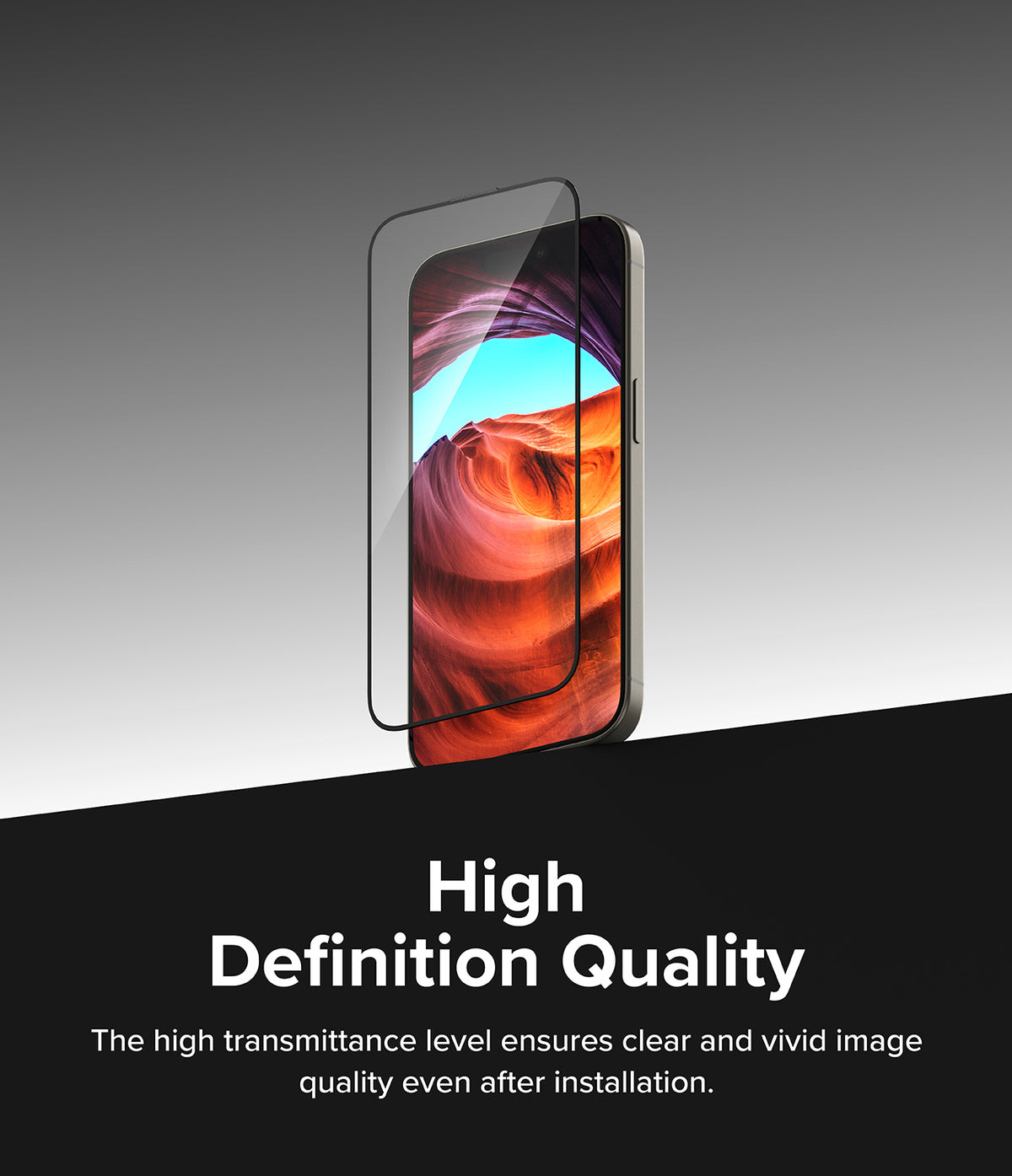 iPhone 15 Pro Max Screen Protector | Easy Slide Tempered Glass - iPhone 15 Pro Max Screen Protector - Tempered glass hovering over a smartphone displaying a vibrant canyon landscape.