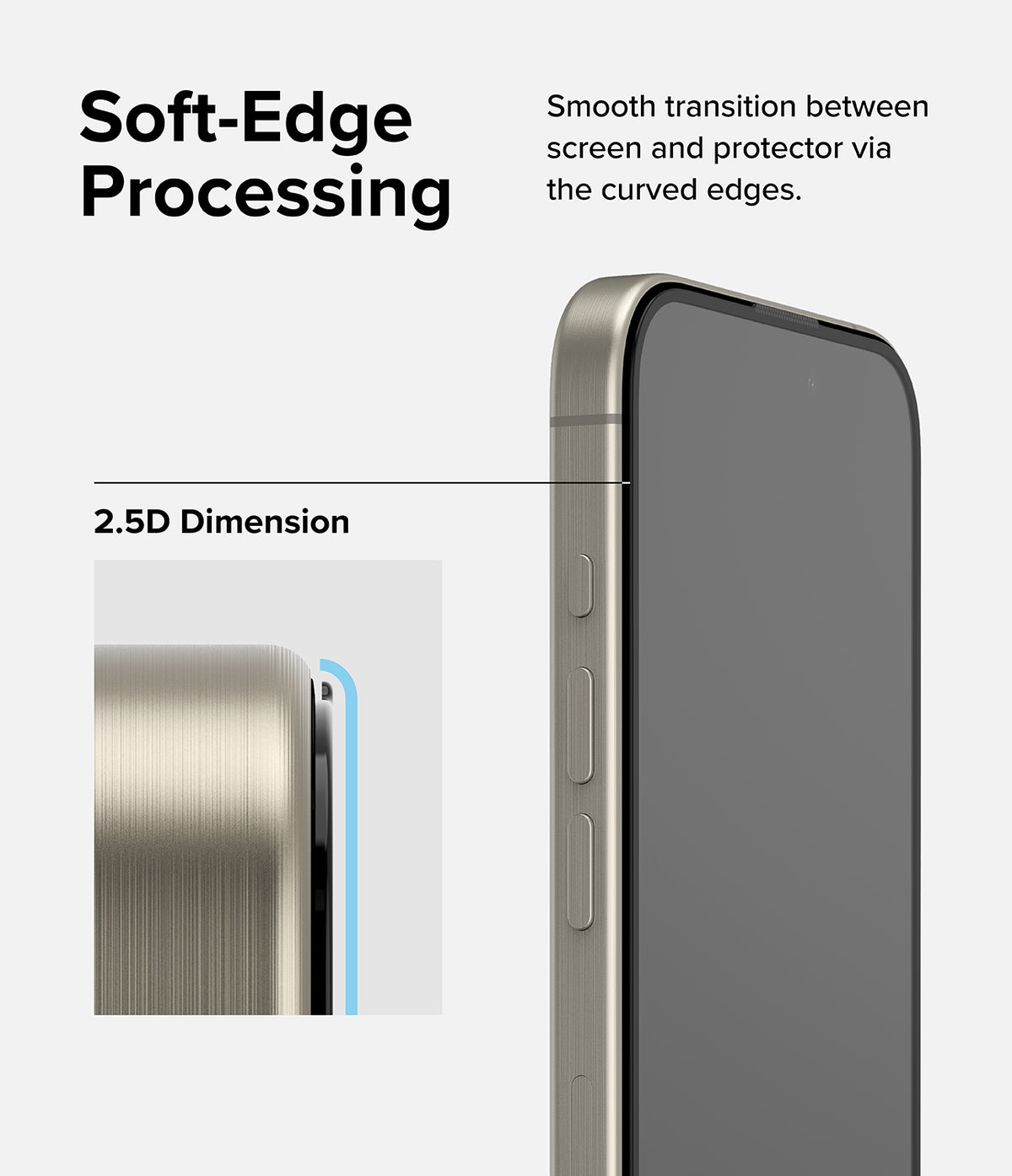 iPhone 15 Pro Max Screen Protector | Easy Slide Tempered Glass - iPhone 15 Pro Max Screen Protector - Close-up of a phone showing a 2.5D curved glass edge for a smooth, seamless fit.