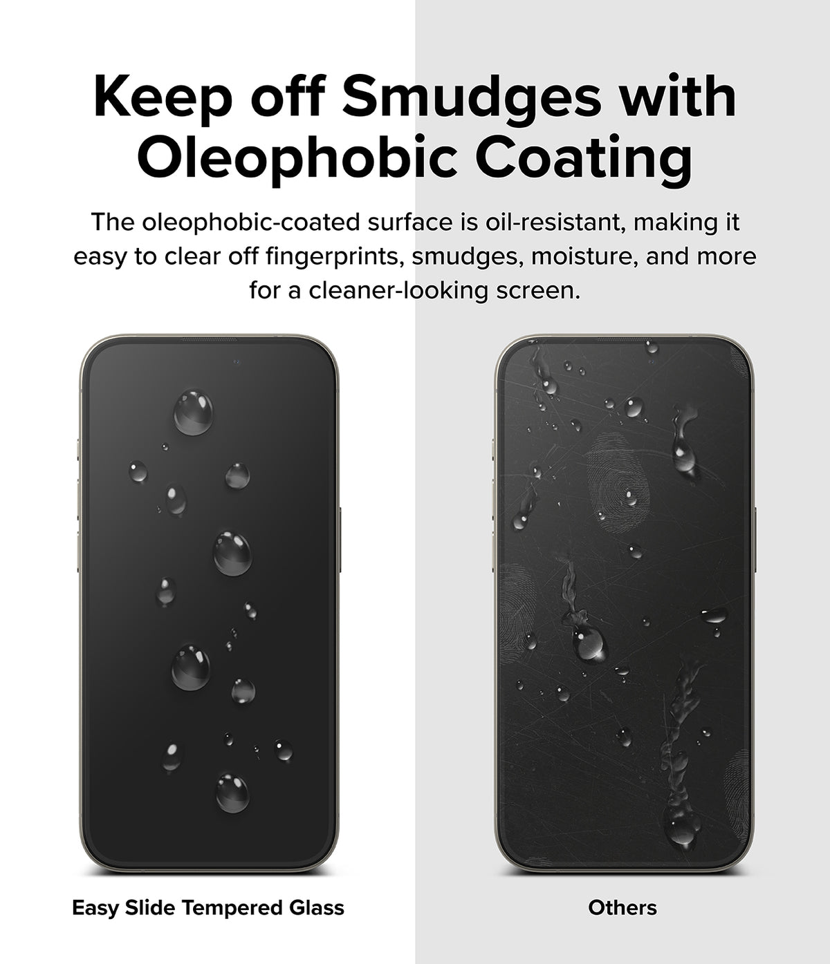 iPhone 15 Pro Max Screen Protector | Easy Slide Tempered Glass - iPhone 15 Pro Max Screen Protector - Comparison showing water beading on oleophobic glass versus smudges on standard glass.