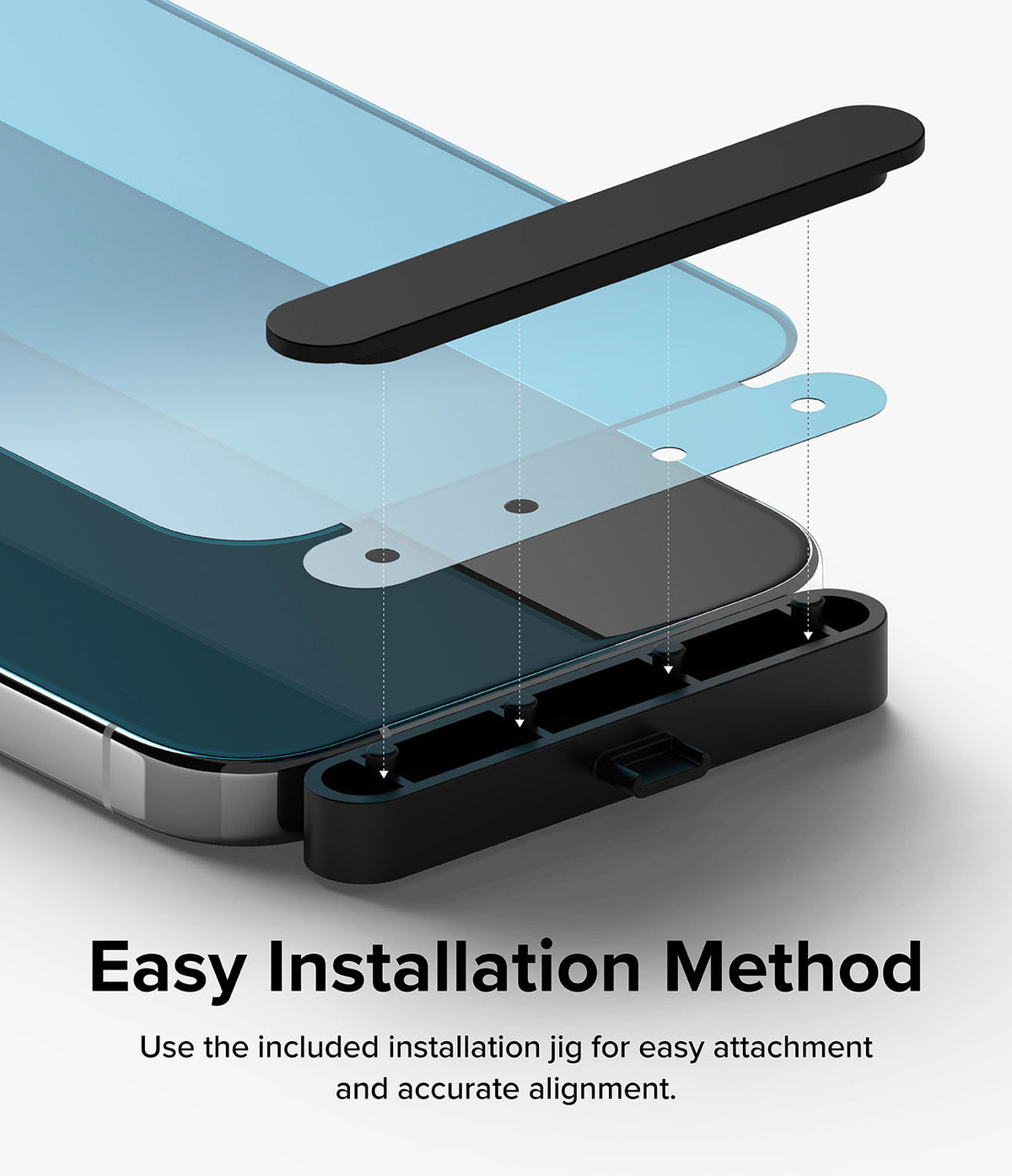 iPhone 15 Pro Max Screen Protector | Full Cover Glass - iPhone 15 Pro Max Screen Protector - Exploded view showing a screen protector being aligned onto a phone using a jig.