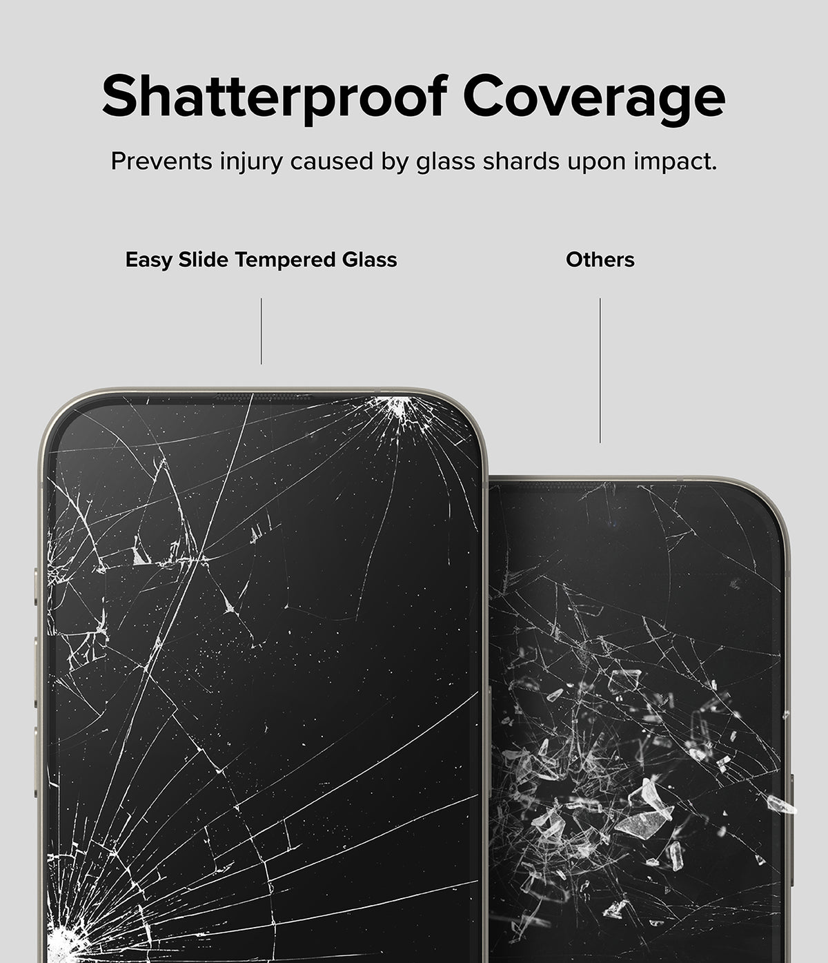 iPhone 15 Pro Max Screen Protector | Easy Slide Tempered Glass - iPhone 15 Pro Max Screen Protector - Comparison showing shattered tempered glass staying intact versus loose shards.