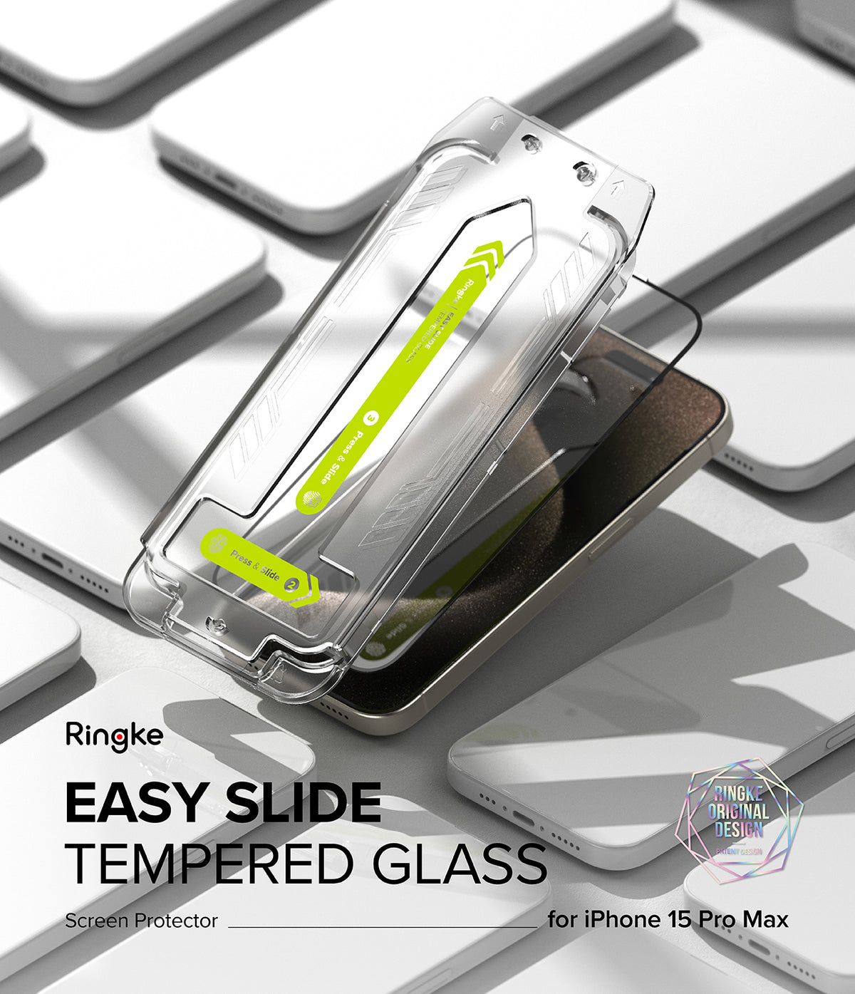 iPhone 15 Pro Max Screen Protector | Easy Slide Tempered Glass - iPhone 15 Pro Max Screen Protector - Clear installation frame with green slide tool hovering over a smartphone.