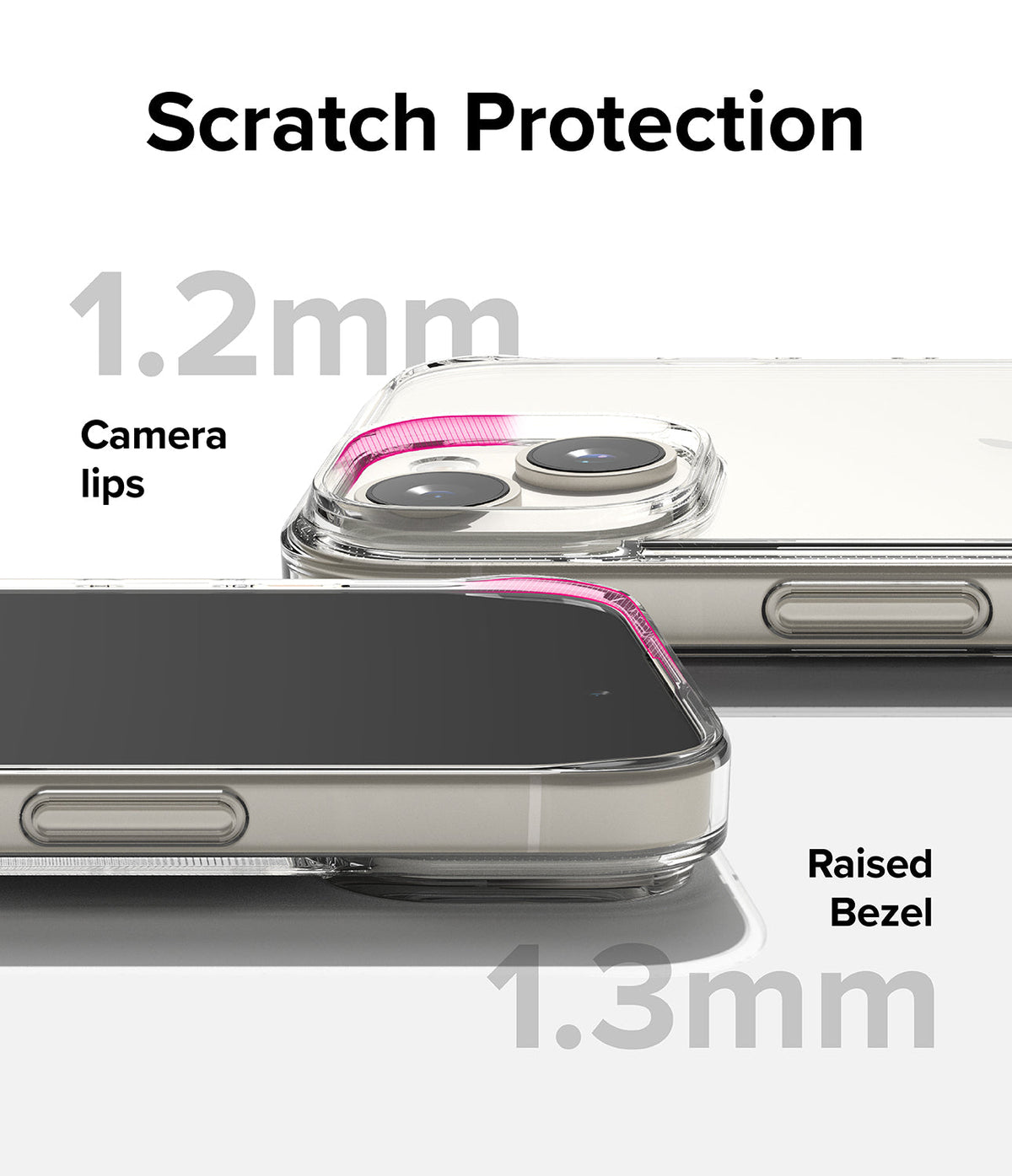 iPhone 15 Plus Case | Air - Clear phone case showing 1.2mm camera lips and 1.3mm raised bezel for scratch protection.