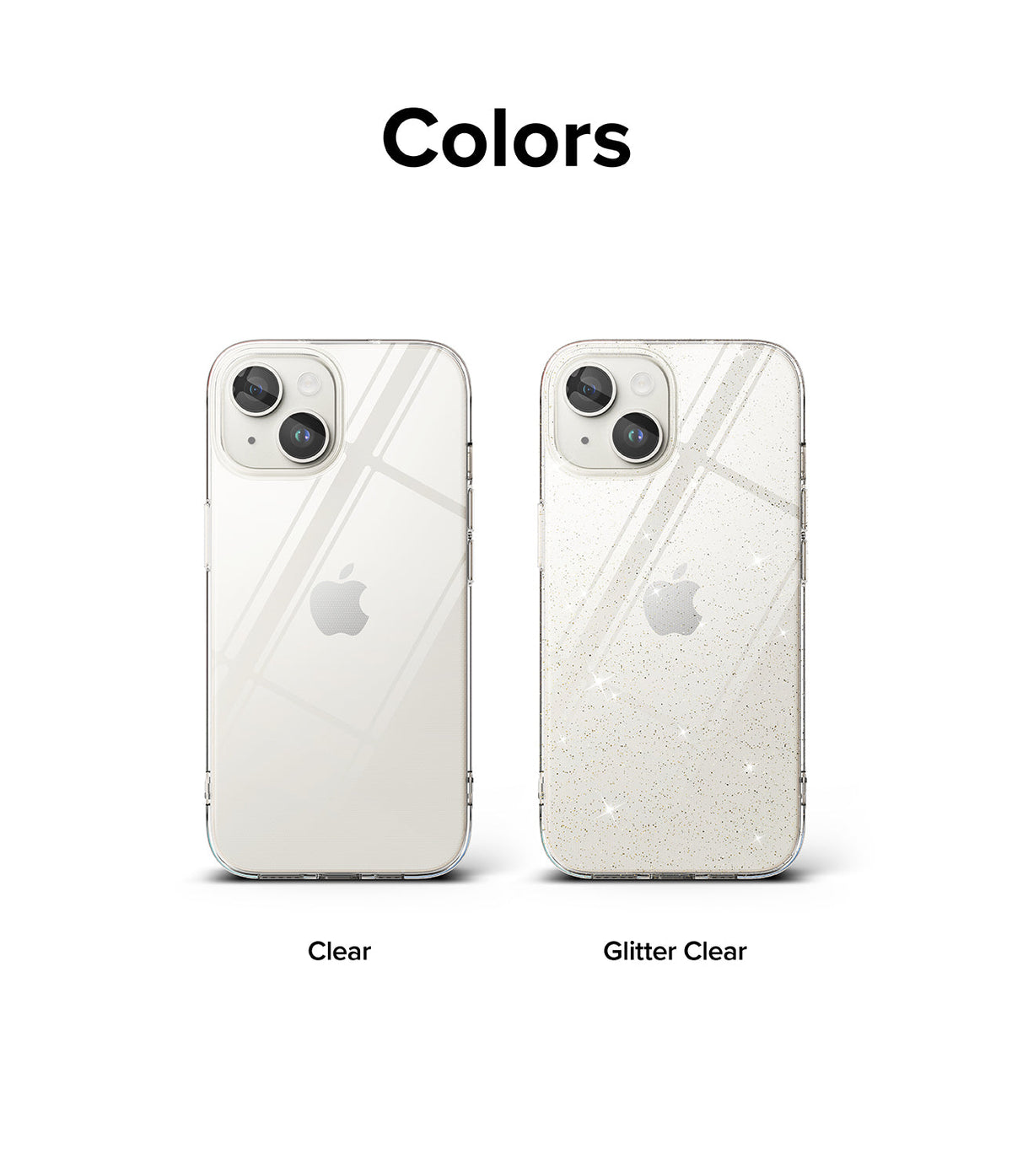 iPhone 15 Plus Case | Air - Two iPhone 15 Plus cases in clear and glitter clear finishes shown side-by-side.