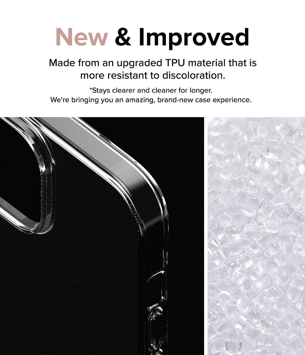 iPhone 15 Plus Case | Air - Clear phone case edge and raw TPU material pellets with text about improved anti-yellowing.