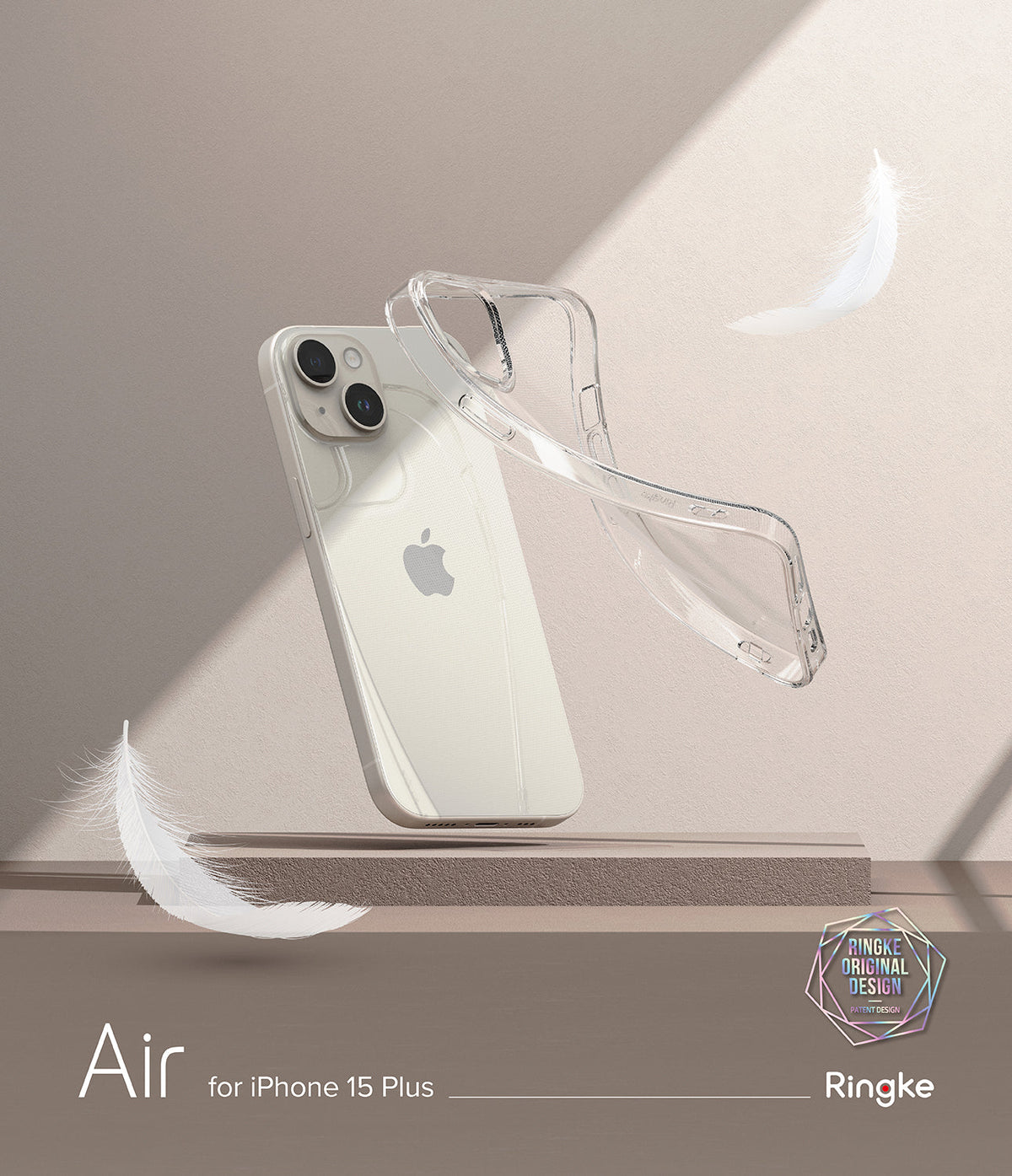 iPhone 15 Plus Case | Air - Clear phone case floating next to an iPhone 15 Plus with white feathers on a beige background.