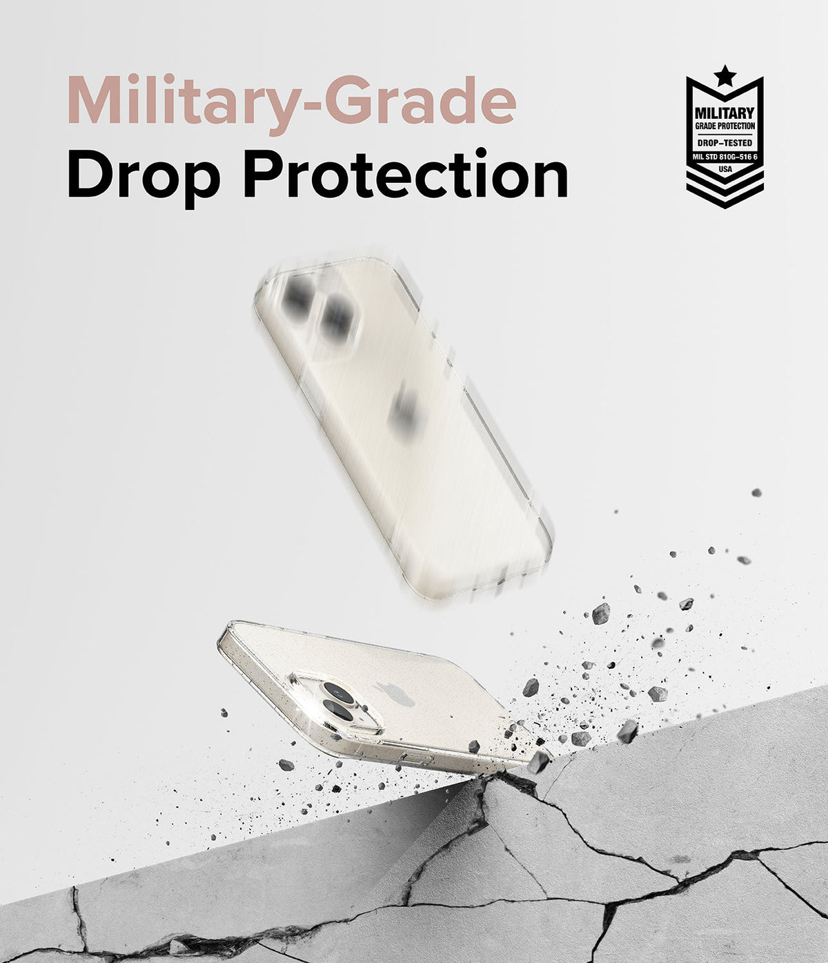 iPhone 15 Plus Case | Air - Clear phone case bouncing off a cracked concrete surface with military-grade protection badge.