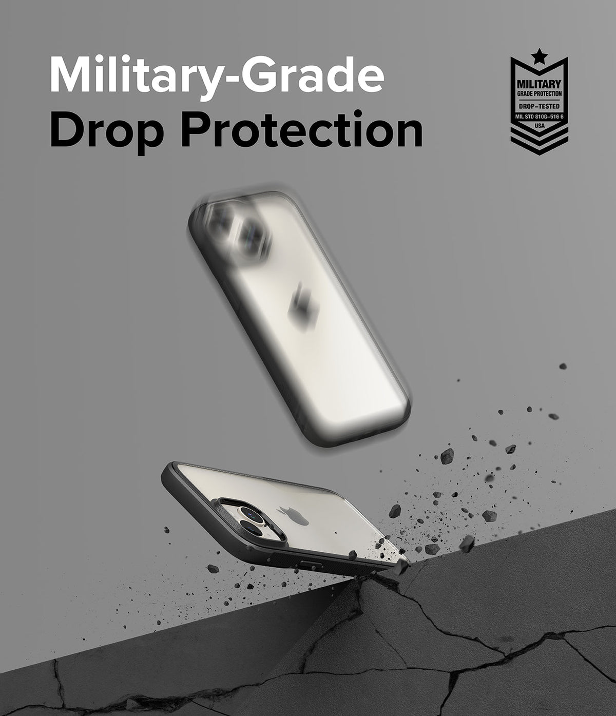 iPhone 15 Plus Case | Fusion Bold - iPhone 15 Plus in a protective case falling onto a cracked surface with military-grade certification.
