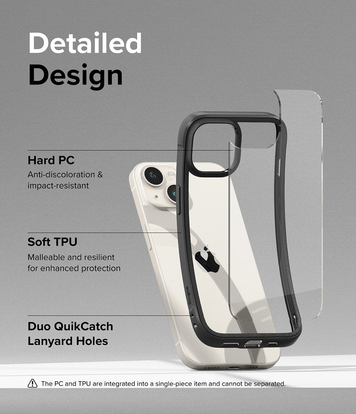 iPhone 15 Plus Case | Fusion Bold - Exploded view of a phone case showing hard PC and soft TPU layers over an iPhone.