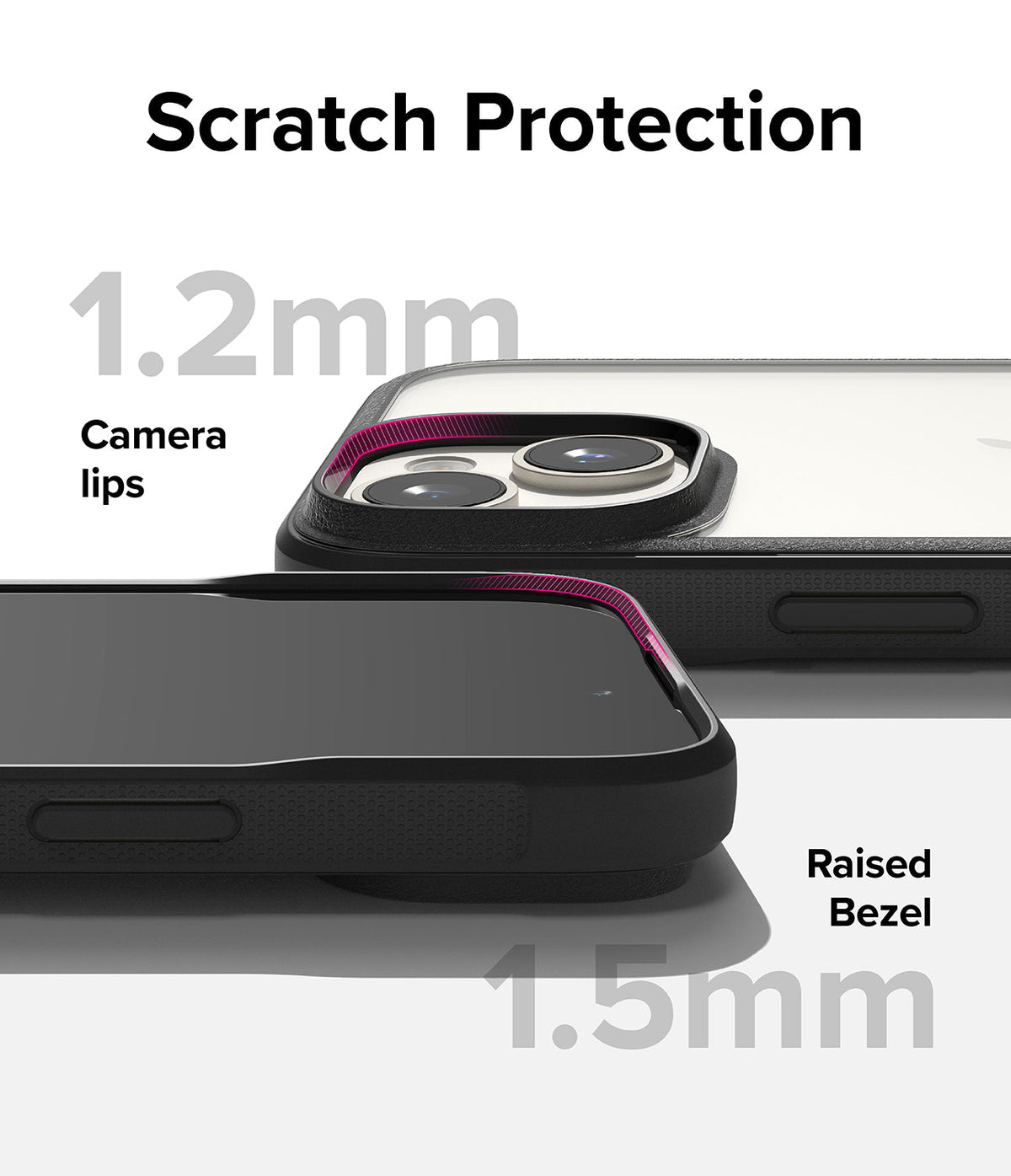 iPhone 15 Plus Case | Fusion Bold - Close-up of phone case showing 1.2mm camera lips and 1.5mm raised screen bezel for scratch protection.