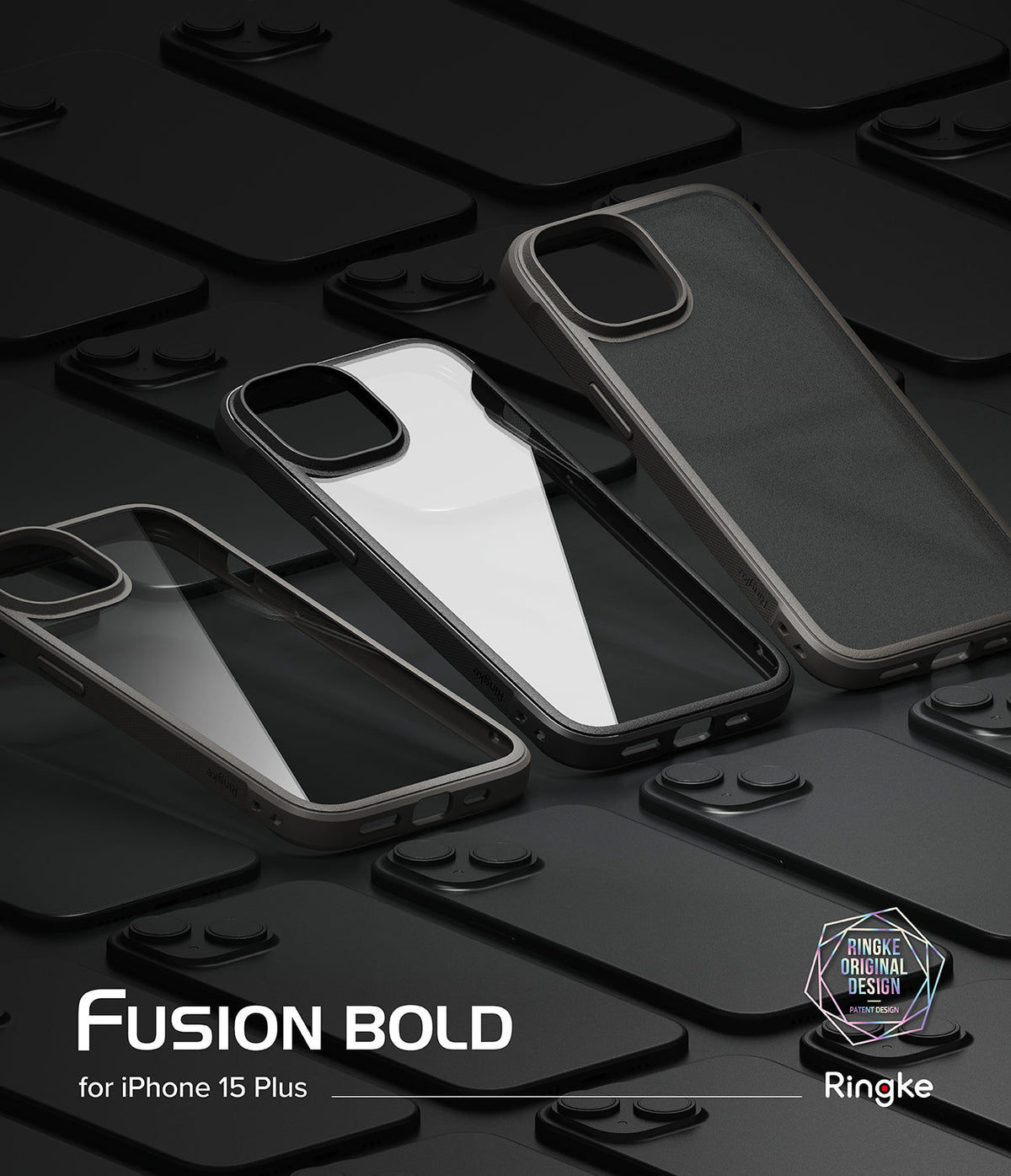 iPhone 15 Plus Case | Fusion Bold - Three Fusion Bold phone cases arranged on a dark, grid-patterned background.