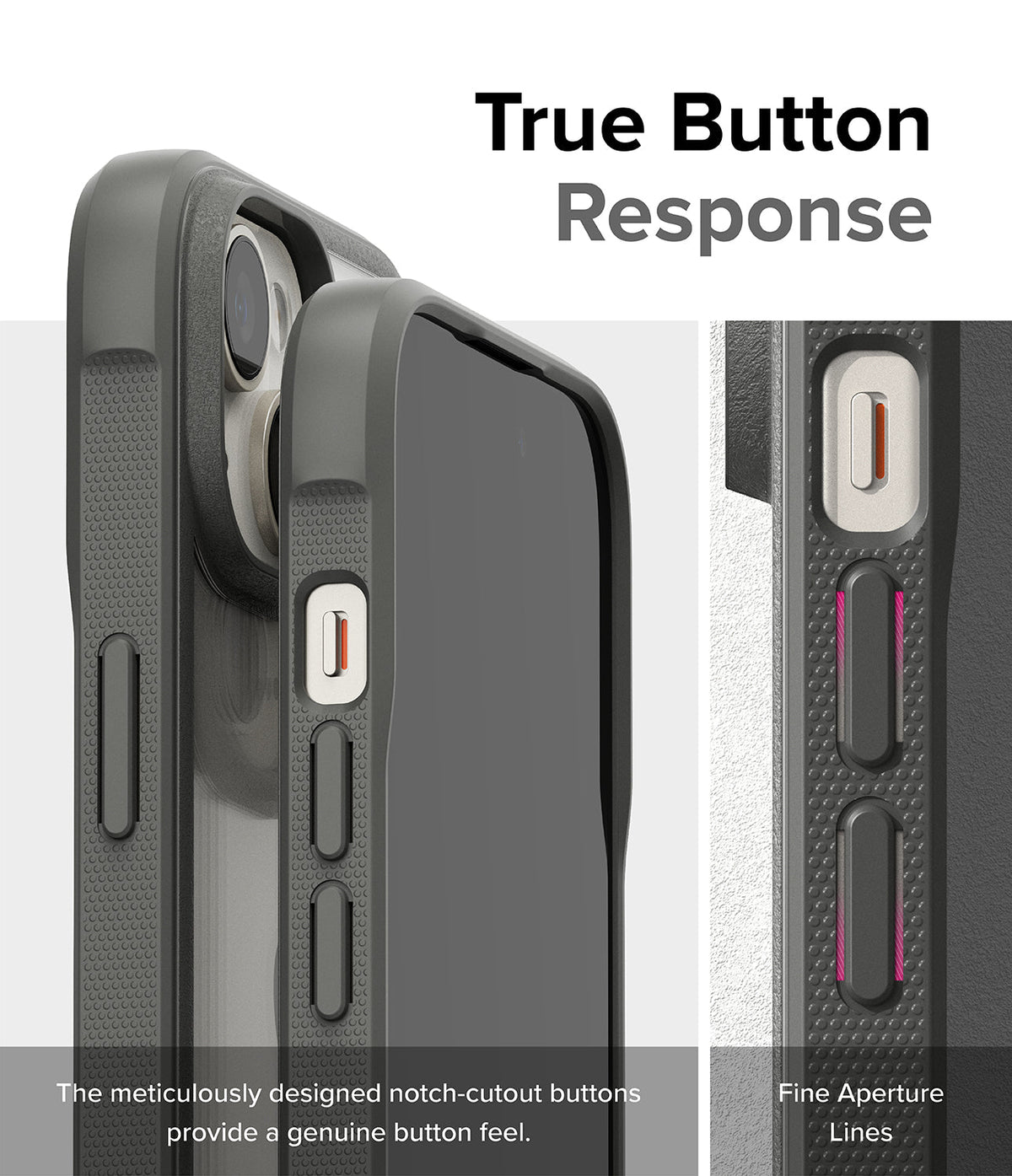 iPhone 15 Plus Case | Fusion Bold - Close-up of phone case buttons with notch-cutouts for tactile response and fine aperture lines.