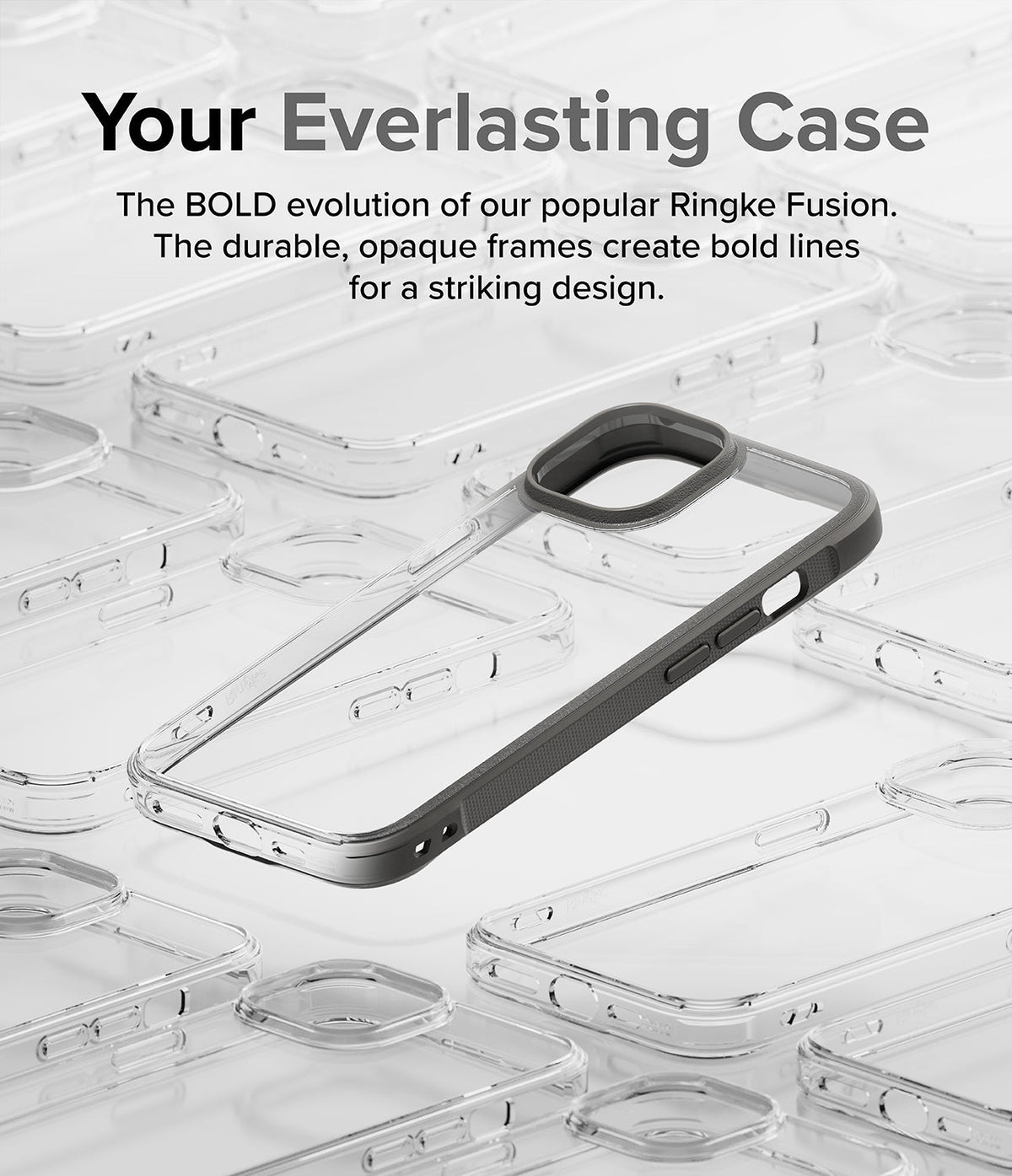 iPhone 15 Plus Case | Fusion Bold - A gray-framed clear phone case centered over a grid of blurred, identical cases.