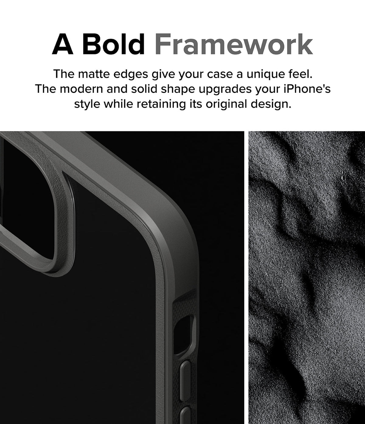 iPhone 15 Plus Case | Fusion Bold - Close-up of a matte gray phone case frame with a textured, sand-like surface detail.
