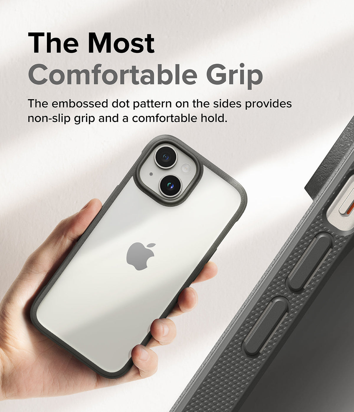 iPhone 15 Plus Case | Fusion Bold - Hand holding a phone case with a textured, dotted side grip and clear back.