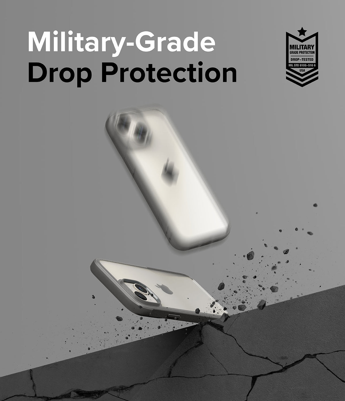 iPhone 15 Plus Case | Fusion Bold - iPhone 15 Plus in a grey case bouncing off a cracked surface with military-grade protection text.