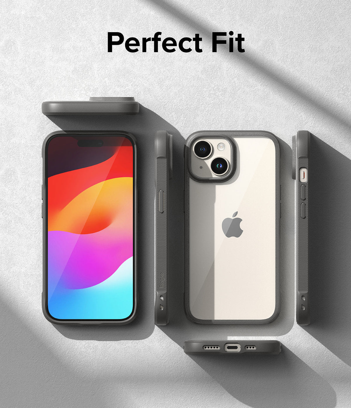 iPhone 15 Plus Case | Fusion Bold - Multiple views of a grey phone case showing the front, back, and sides on a textured surface.