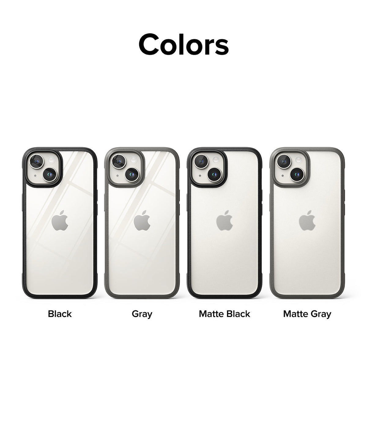 iPhone 15 Plus Case | Fusion Bold - Four iPhone 15 Plus cases in Black, Gray, Matte Black, and Matte Gray arranged in a row.