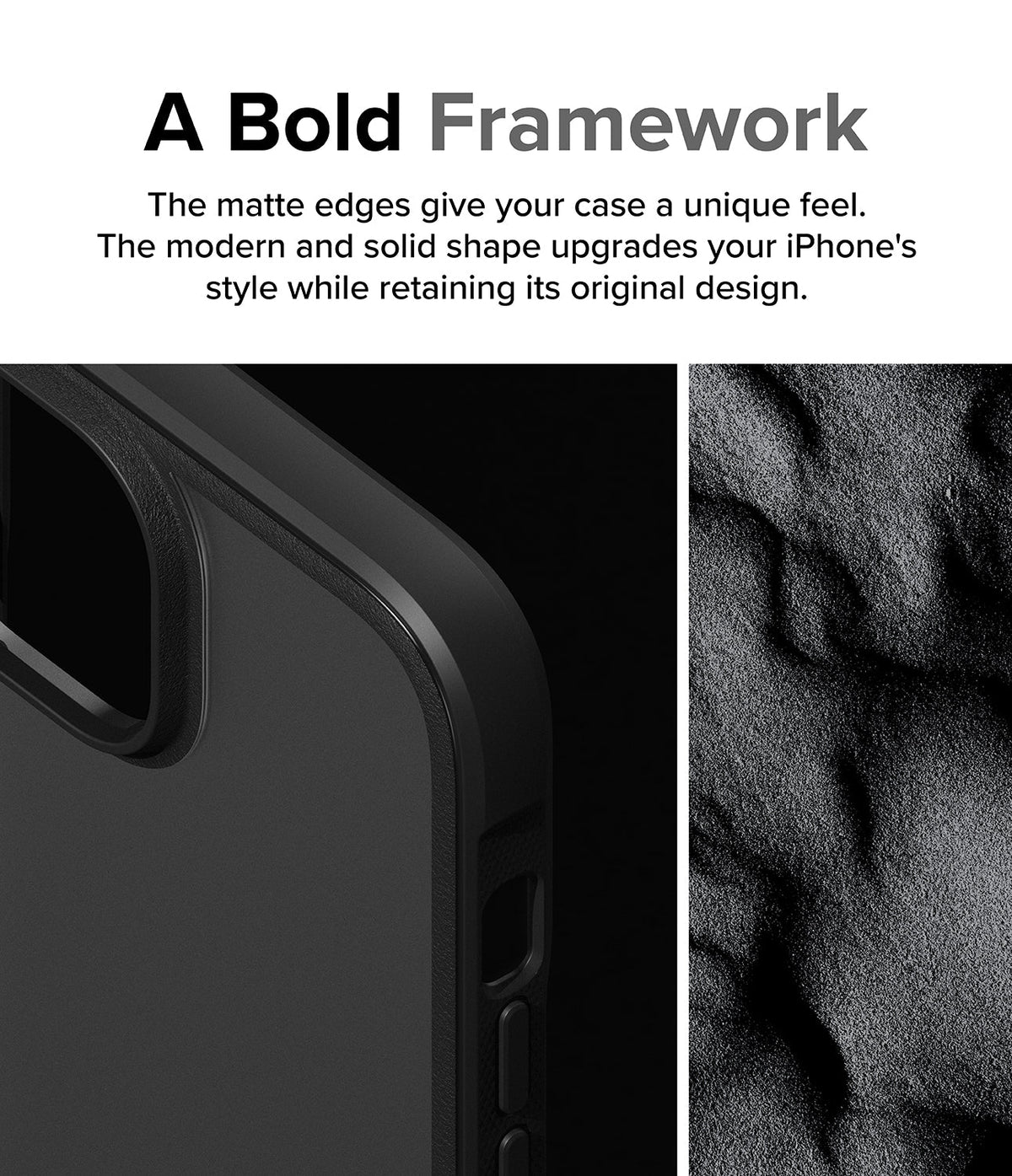 iPhone 15 Plus Case | Fusion Bold - Close-up of a matte black phone case edge next to a textured, dark sand-like surface.
