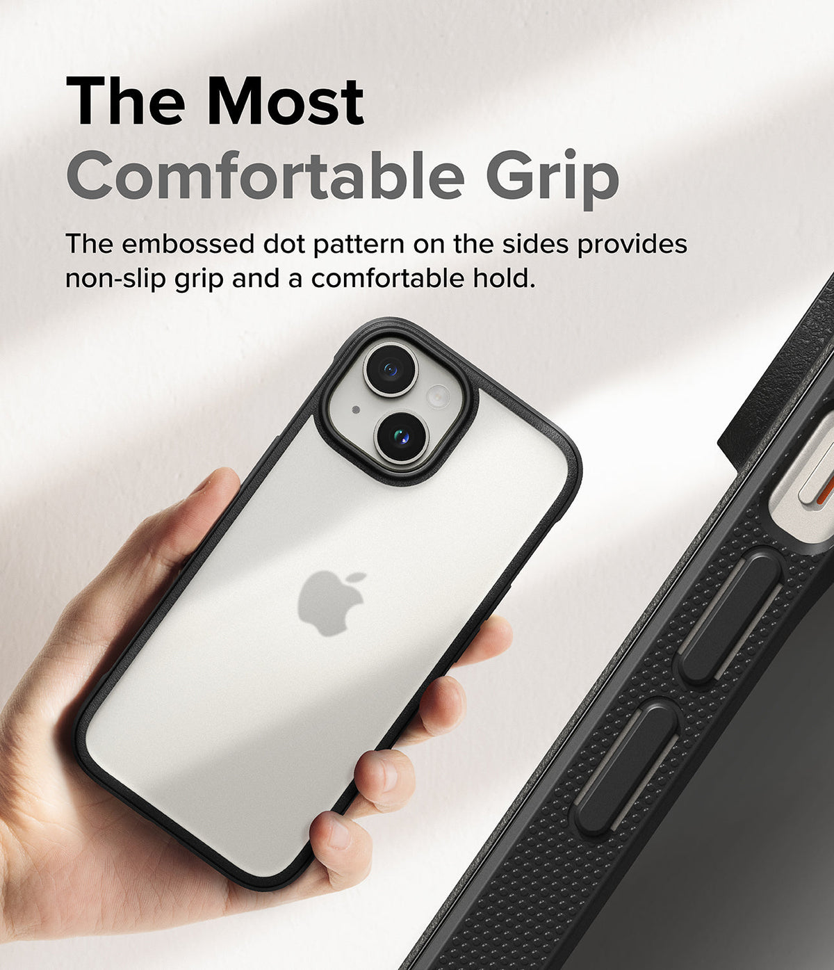 iPhone 15 Plus Case | Fusion Bold - Hand holding a phone with a black case featuring a textured, dotted side grip.