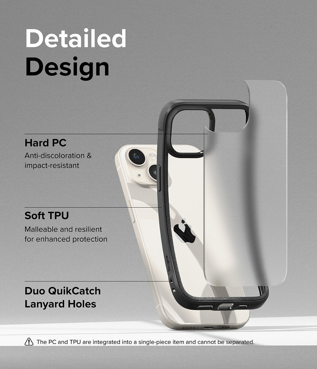 iPhone 15 Plus Case | Fusion Bold - Exploded view of a phone case showing hard PC and soft TPU layers with lanyard holes.
