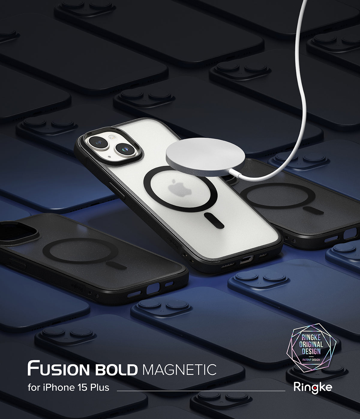 iPhone 15 Plus Case | Fusion Bold Magnetic - A clear phone case with a magnetic ring being charged on a dark background.