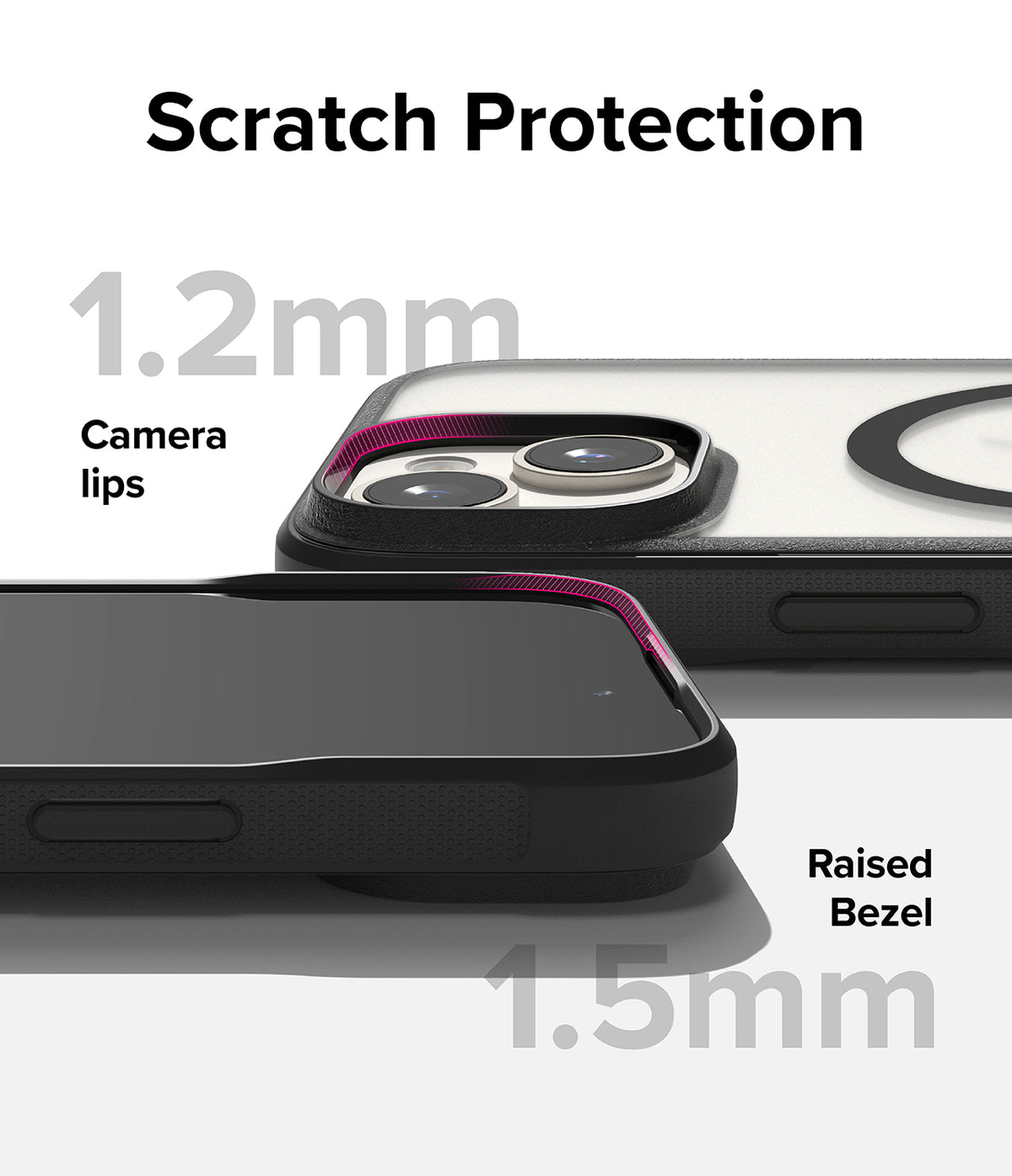 iPhone 15 Plus Case | Fusion Bold Magnetic - Close-up of phone case showing 1.2mm camera lips and 1.5mm raised screen bezel.
