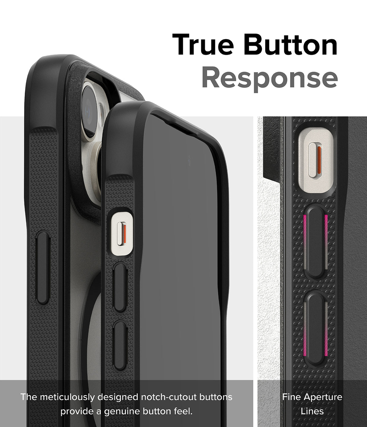 iPhone 15 Plus Case | Fusion Bold Magnetic - Close-up of phone case buttons with notch-cutouts for tactile response.