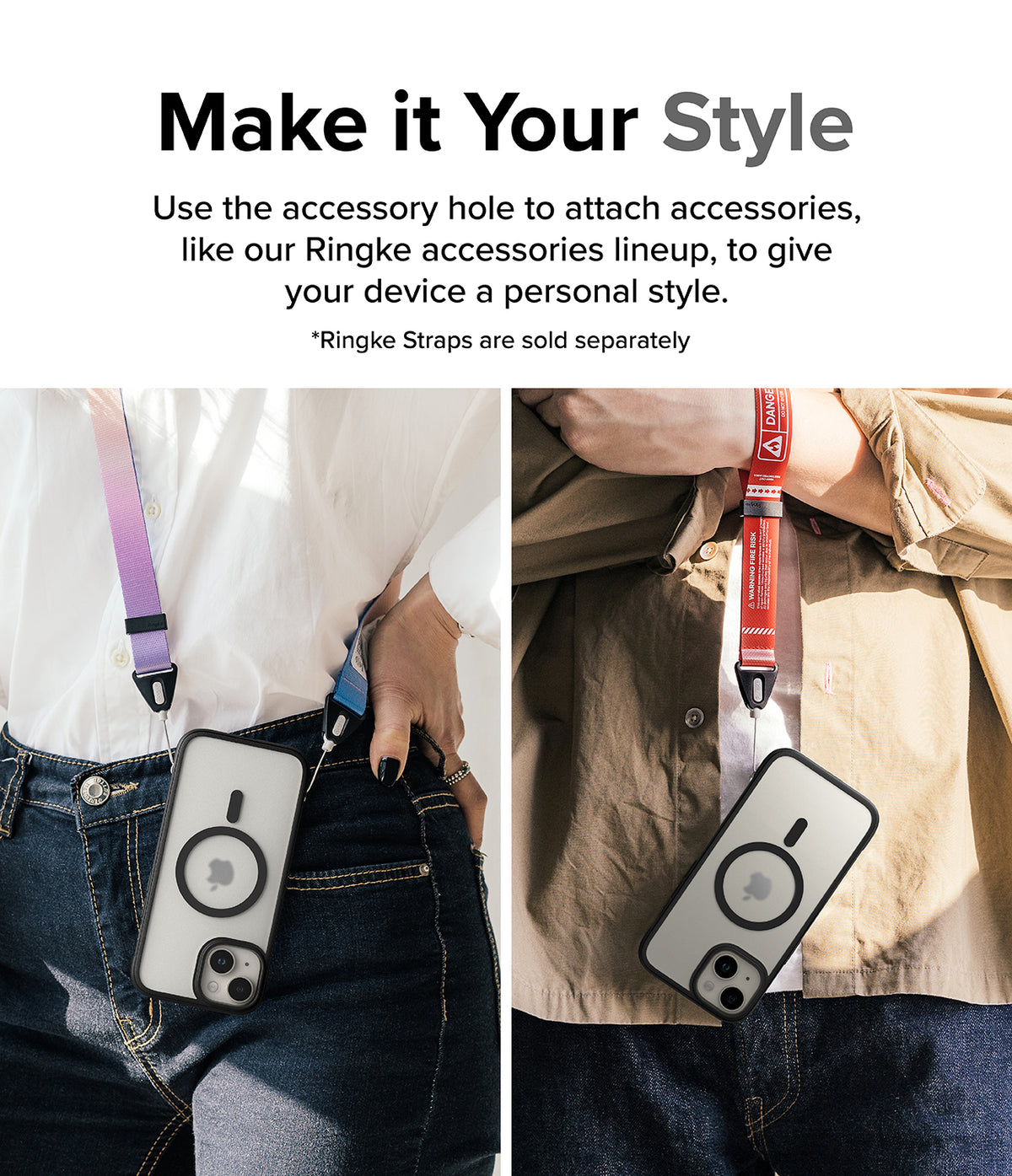 iPhone 15 Plus Case | Fusion Bold Magnetic - Two people wearing phones on colorful straps attached to case holes.