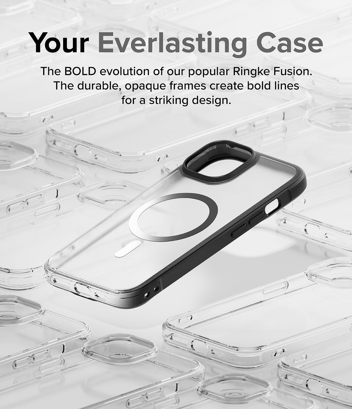 iPhone 15 Plus Case | Fusion Bold Magnetic - A clear phone case with a black frame and magnetic ring on a white background.