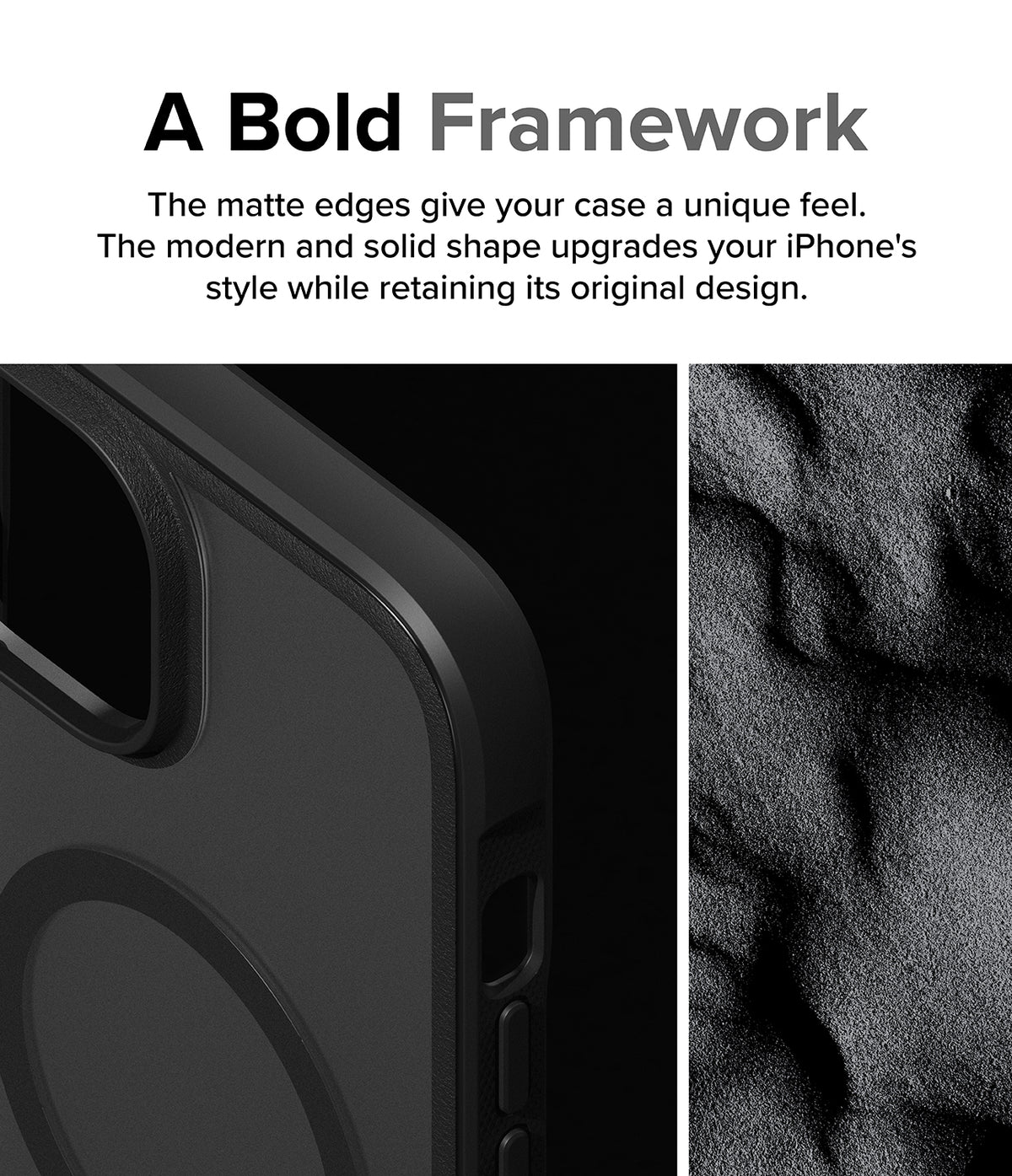 iPhone 15 Plus Case | Fusion Bold Magnetic - Close-up of a matte black phone case edge next to a textured sand background.