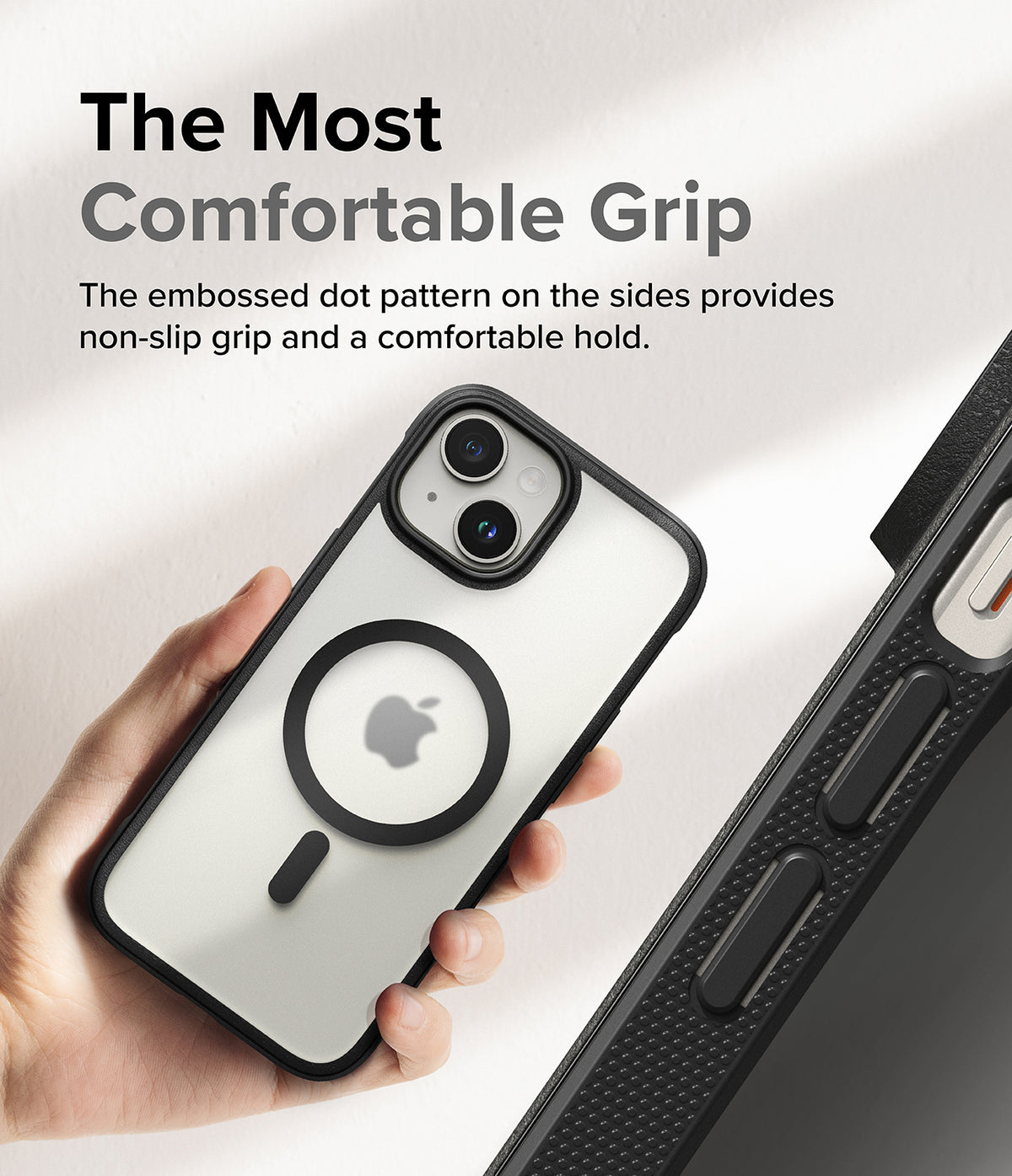 iPhone 15 Plus Case | Fusion Bold Magnetic - Hand holding a clear phone case with a black magnetic ring and textured side grip.