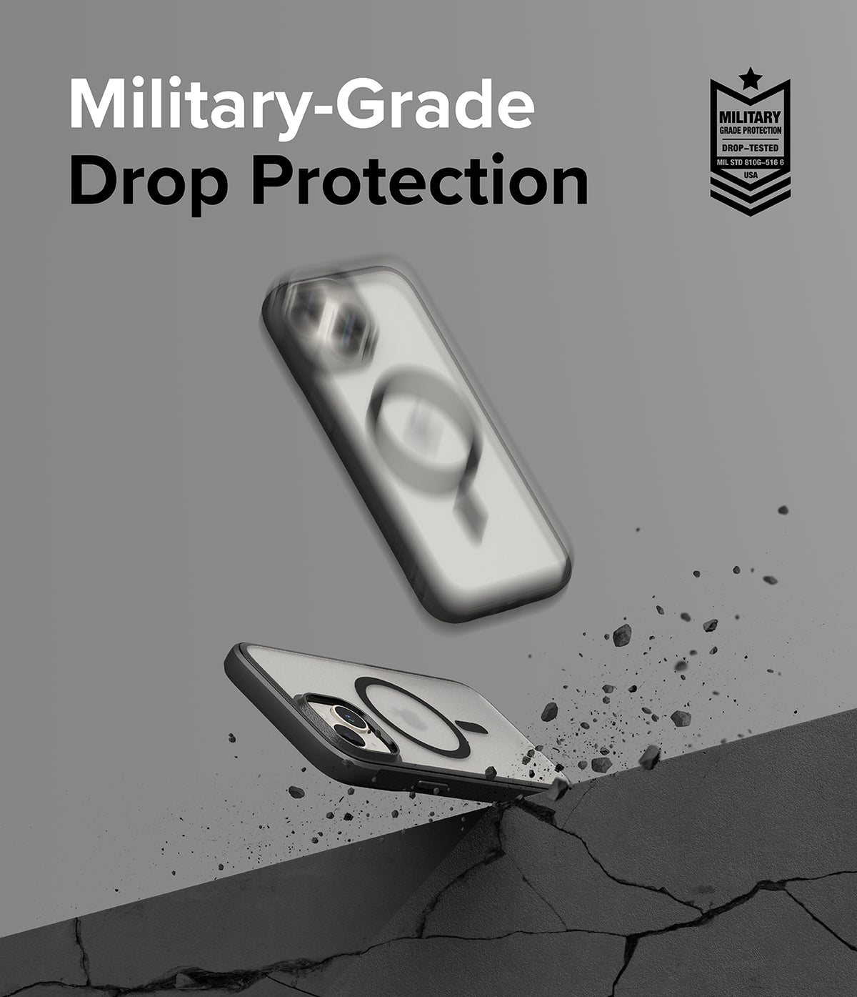 iPhone 15 Plus Case | Fusion Bold Magnetic - Two iPhone cases floating above a cracked surface with debris.