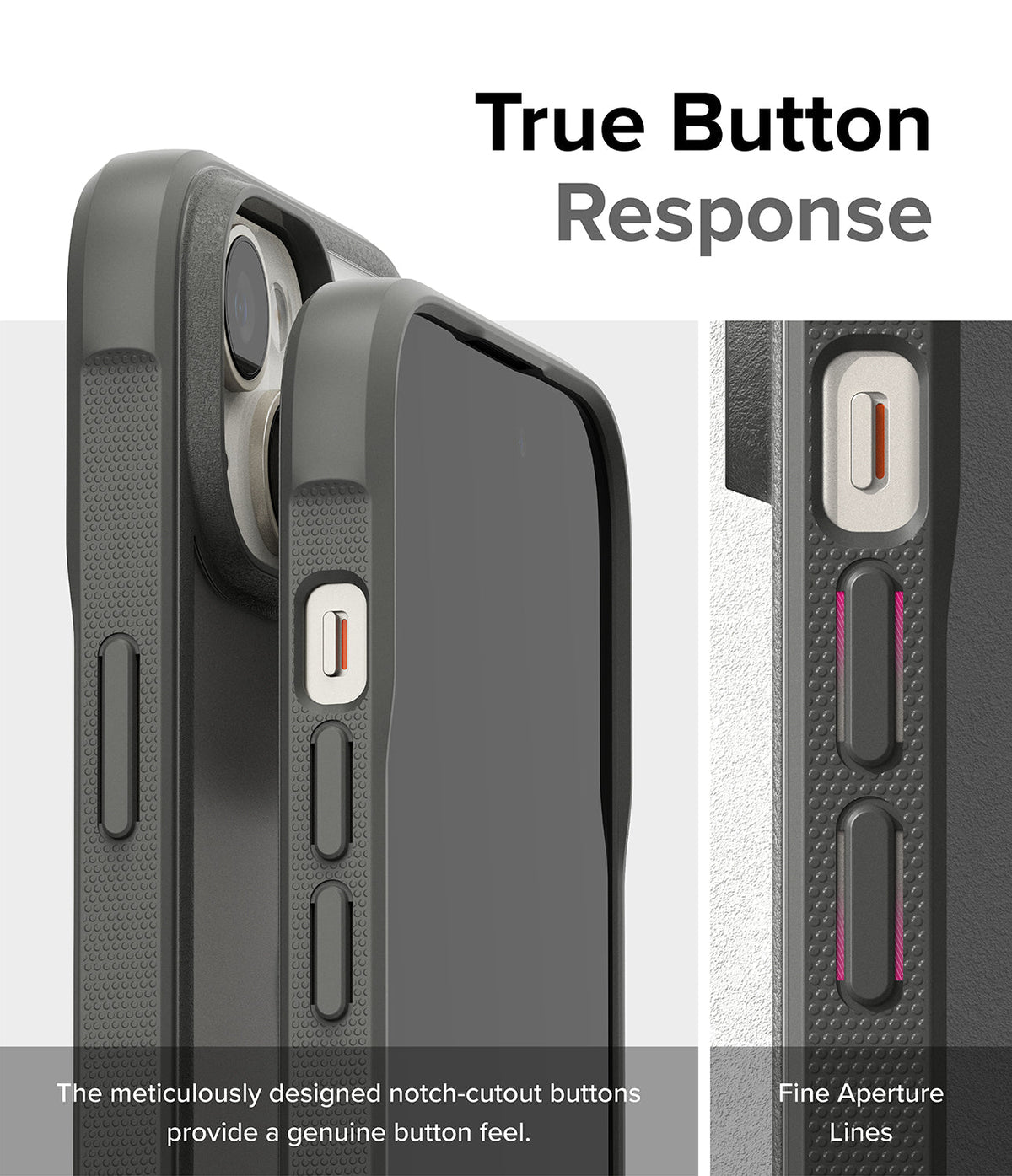 iPhone 15 Plus Case | Fusion Bold - Close-up of phone case buttons with notch-cutouts highlighting tactile response.