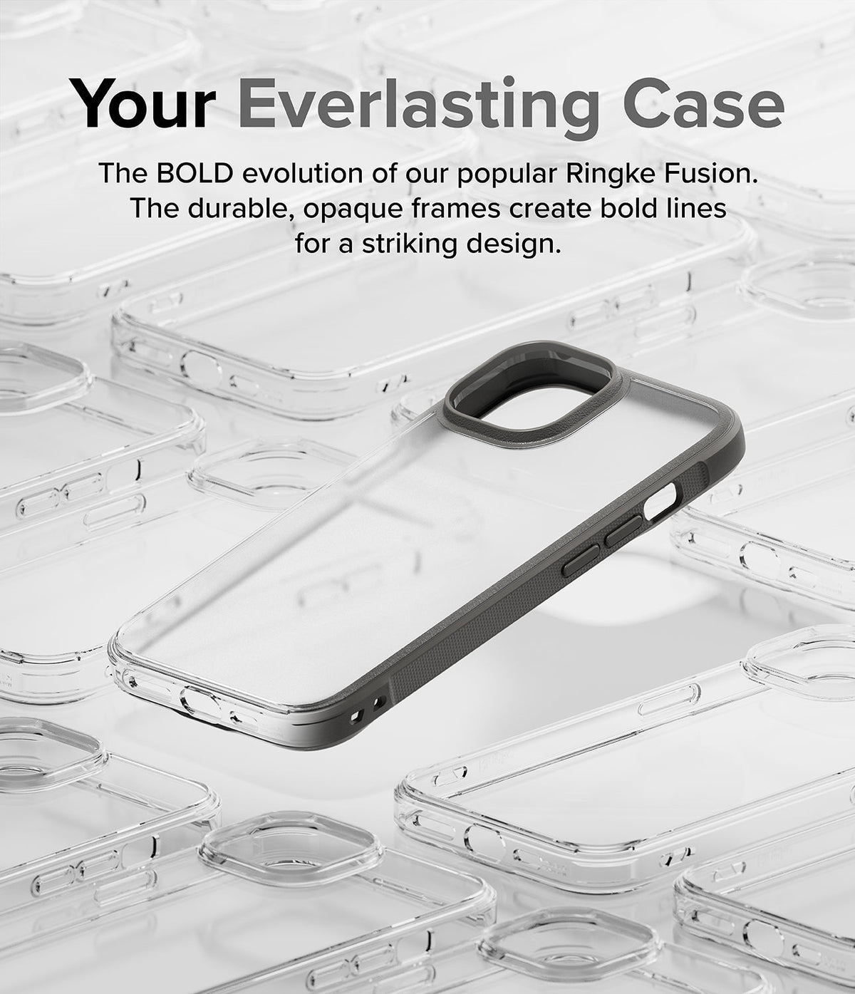 iPhone 15 Plus Case | Fusion Bold - A gray Fusion Bold phone case centered among many clear cases on a white background.