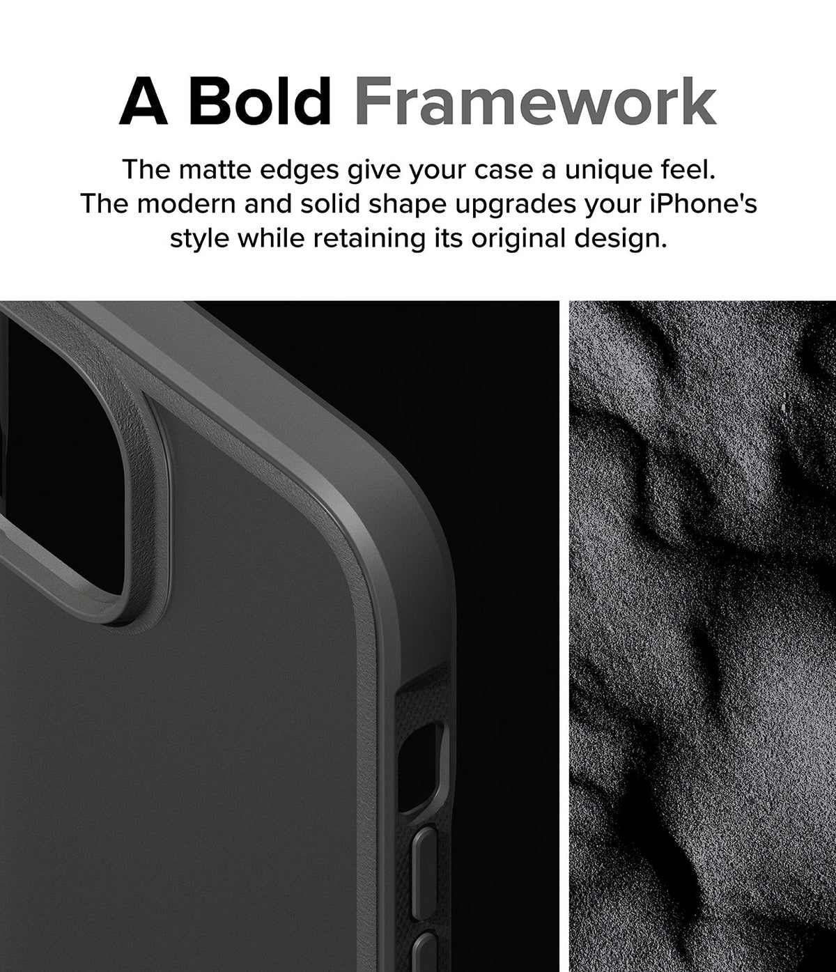 iPhone 15 Plus Case | Fusion Bold - Close-up of a matte black phone case edge next to a textured, dark sand-like surface.