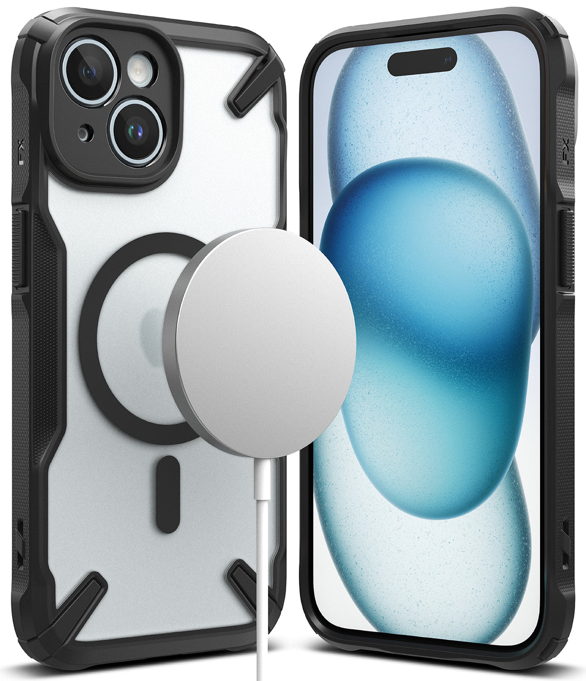 iPhone 15 Plus Case | Fusion-X Magnetic Matte Black - Matte black protective case with MagSafe charger on back.