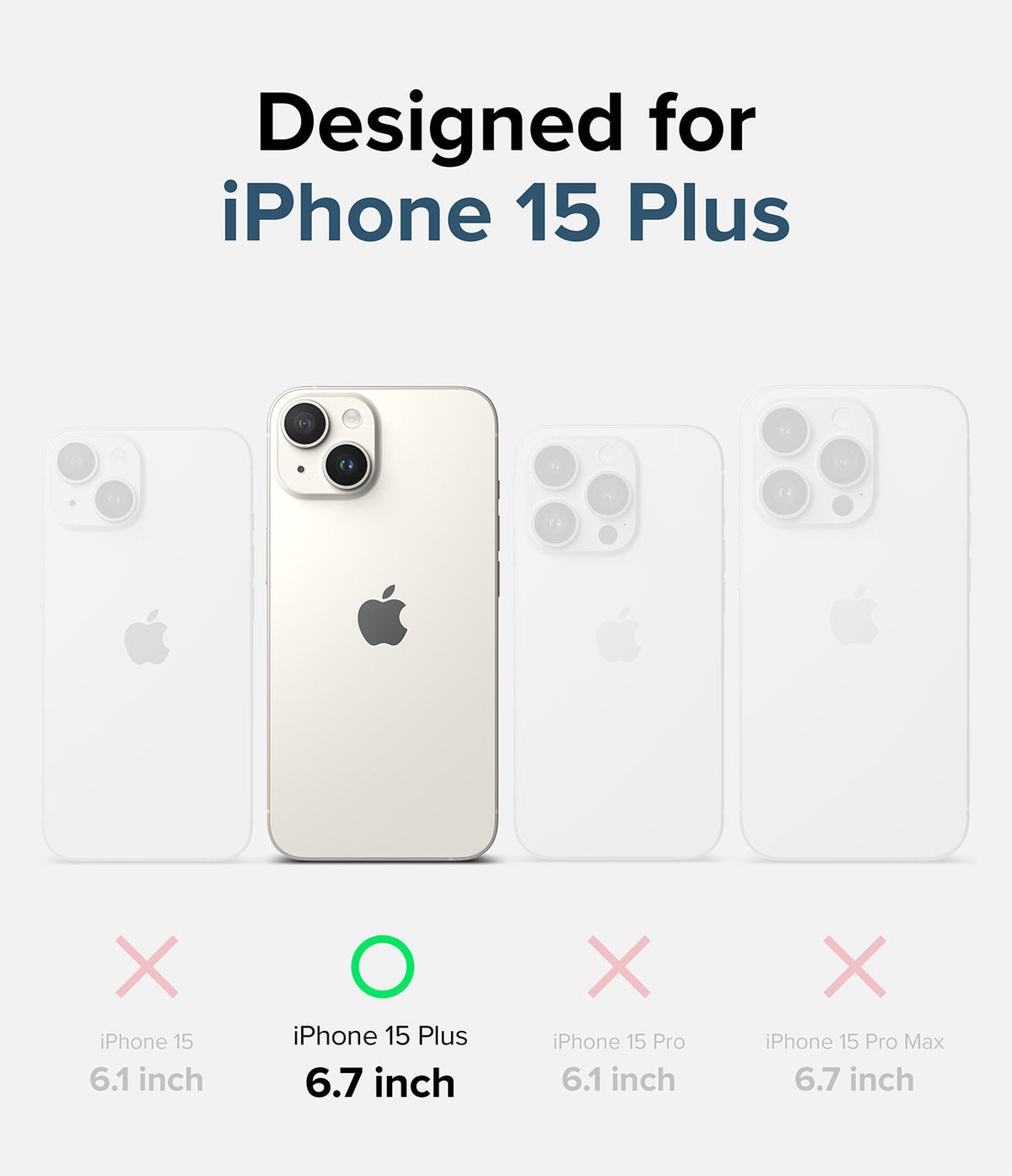 iPhone 15 Plus Case | Fusion - Comparison chart highlighting iPhone 15 Plus compatibility with a green checkmark.