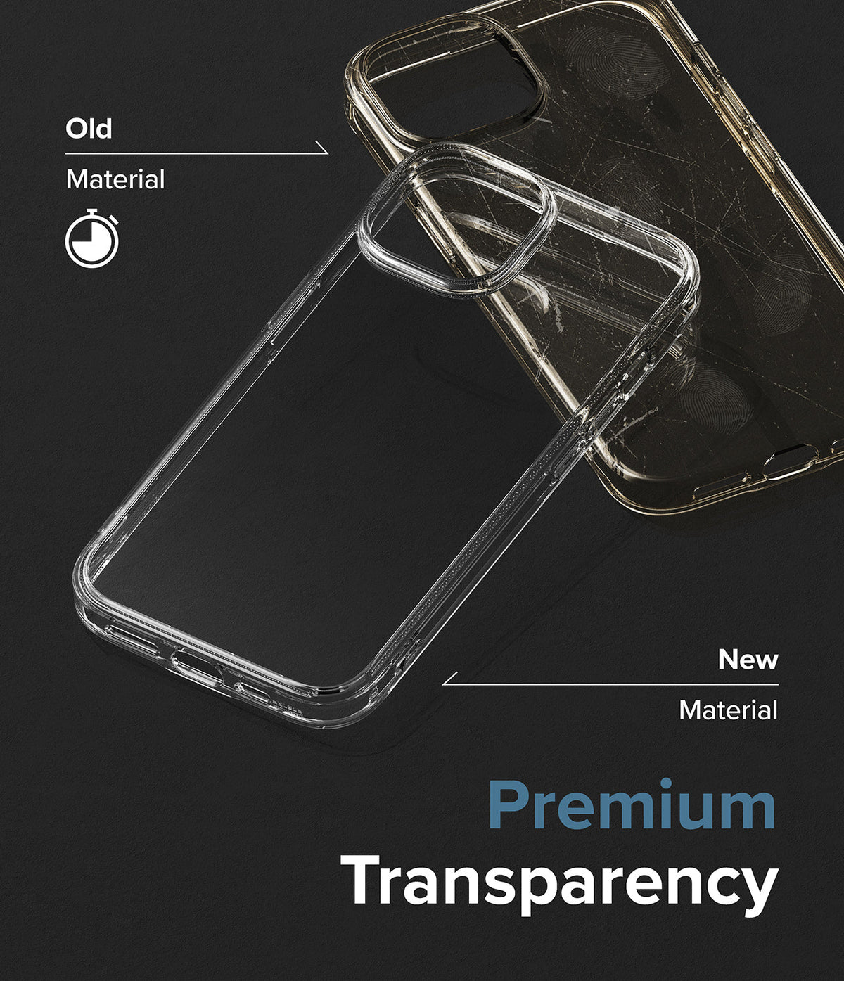 iPhone 15 Plus Case | Fusion - Comparison of a yellowed, scratched old phone case versus a clear, new premium case.