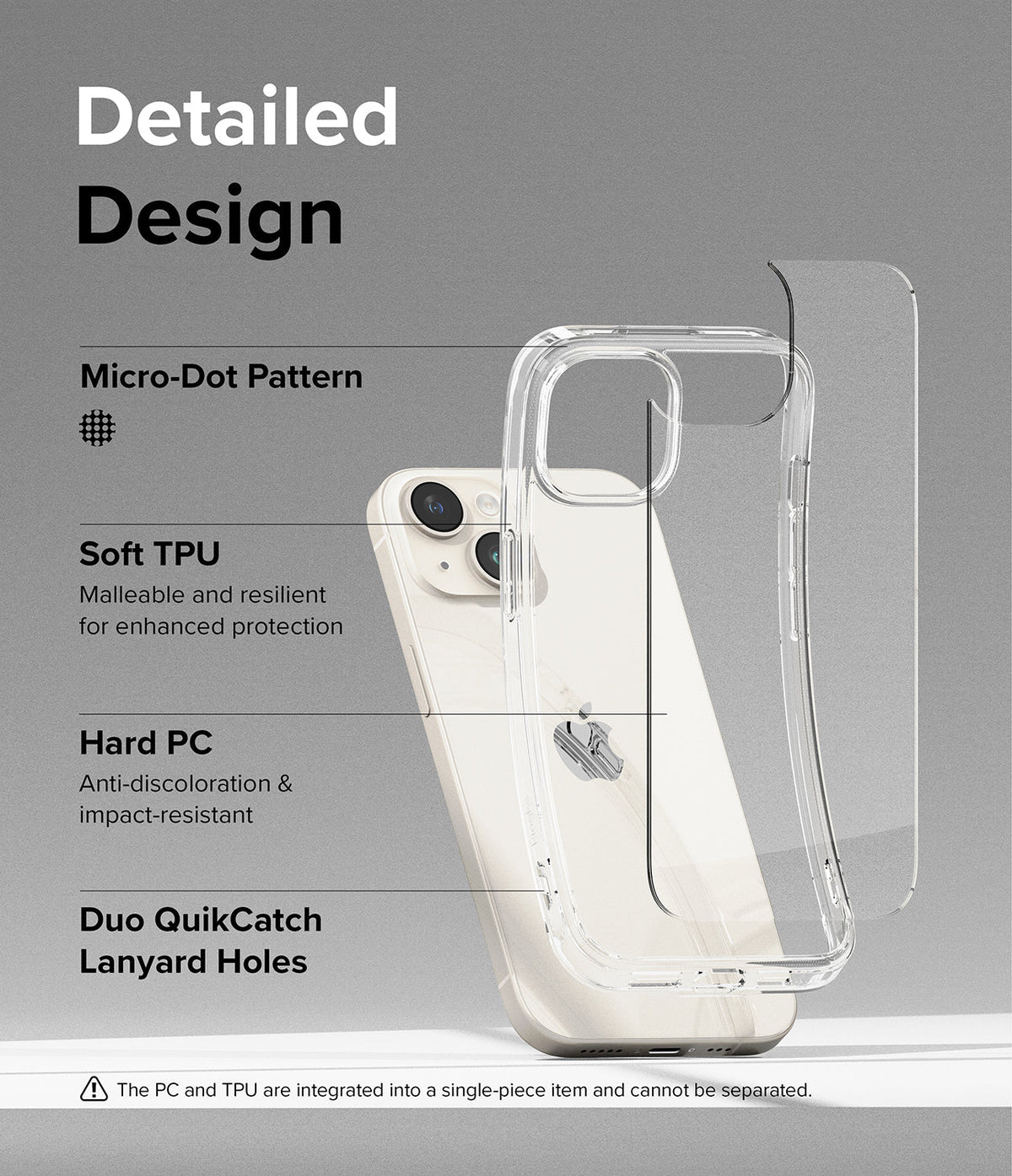 iPhone 15 Plus Case | Fusion - Exploded view of clear phone case showing TPU and PC layers with labels for design features.