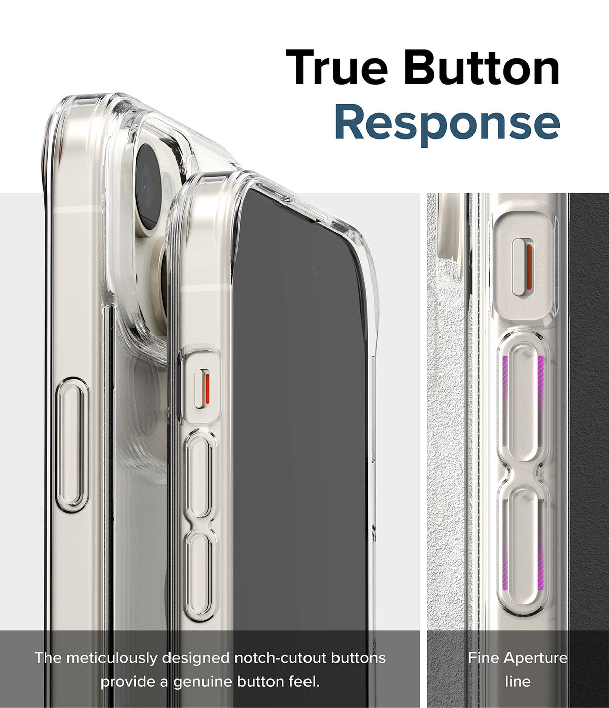 iPhone 15 Plus Case | Fusion - Clear phone case showing detailed notch-cutout buttons for tactile response and precise fit.