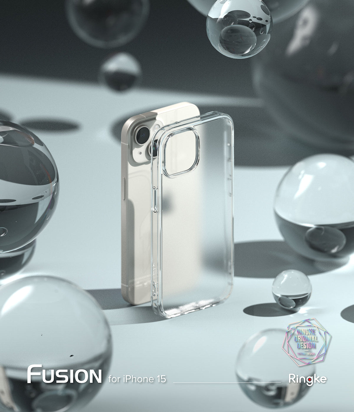 iPhone 15 Plus Case | Fusion - Clear phone case standing in front of an iPhone 15 Plus surrounded by floating glass spheres.